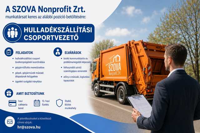 Hulladékszállítási csoportvezetőt keres a SZOVA NZrt.