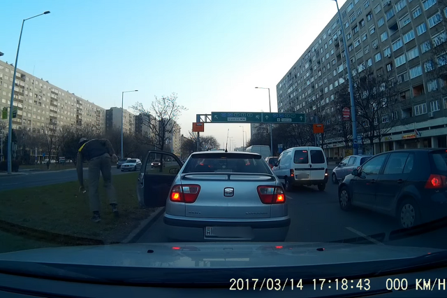 Szemetet szed a dugóban