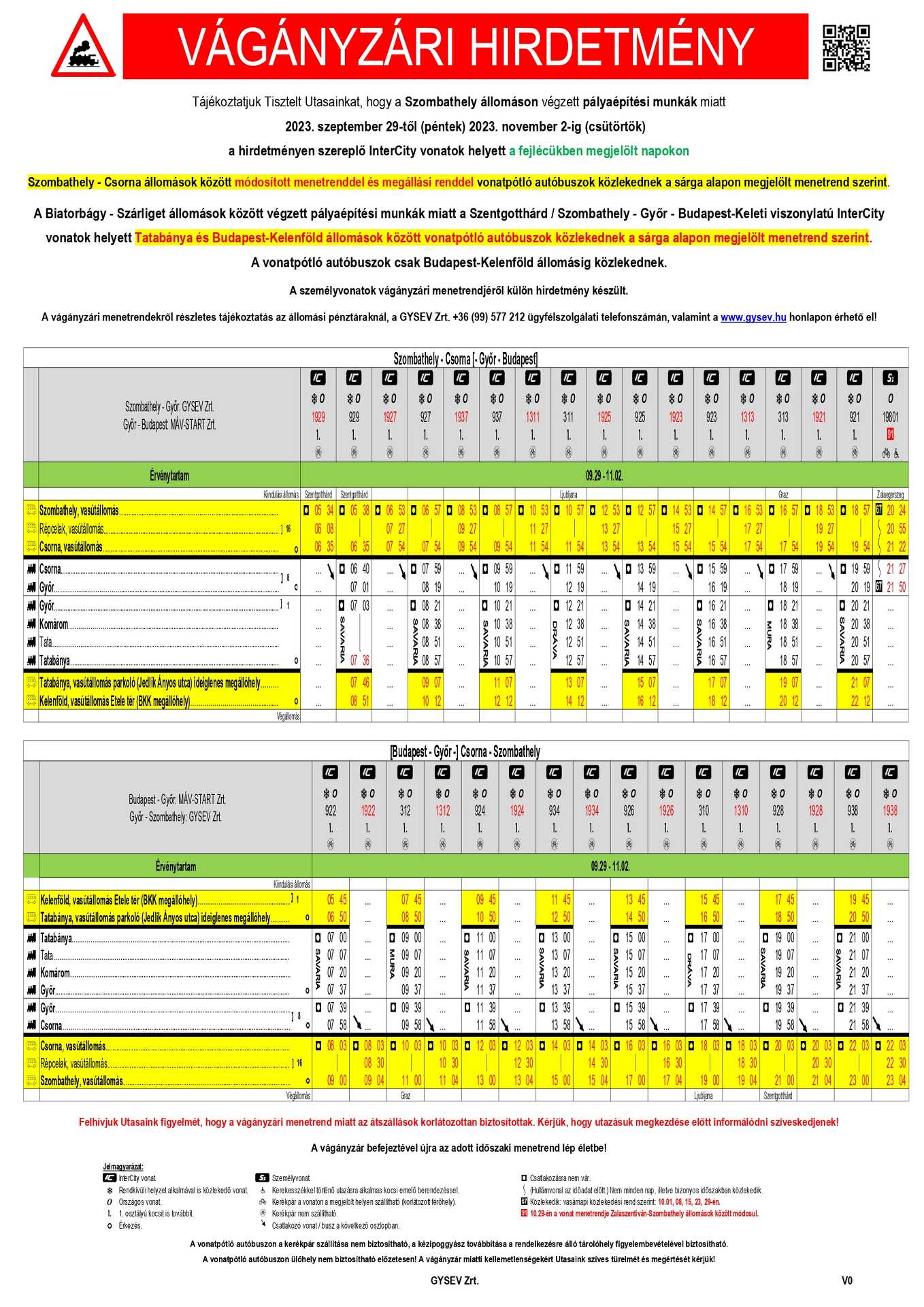 Vágányzári hirdetmények Szombathely, 2023. szeptember 29. - 2023. december 9.