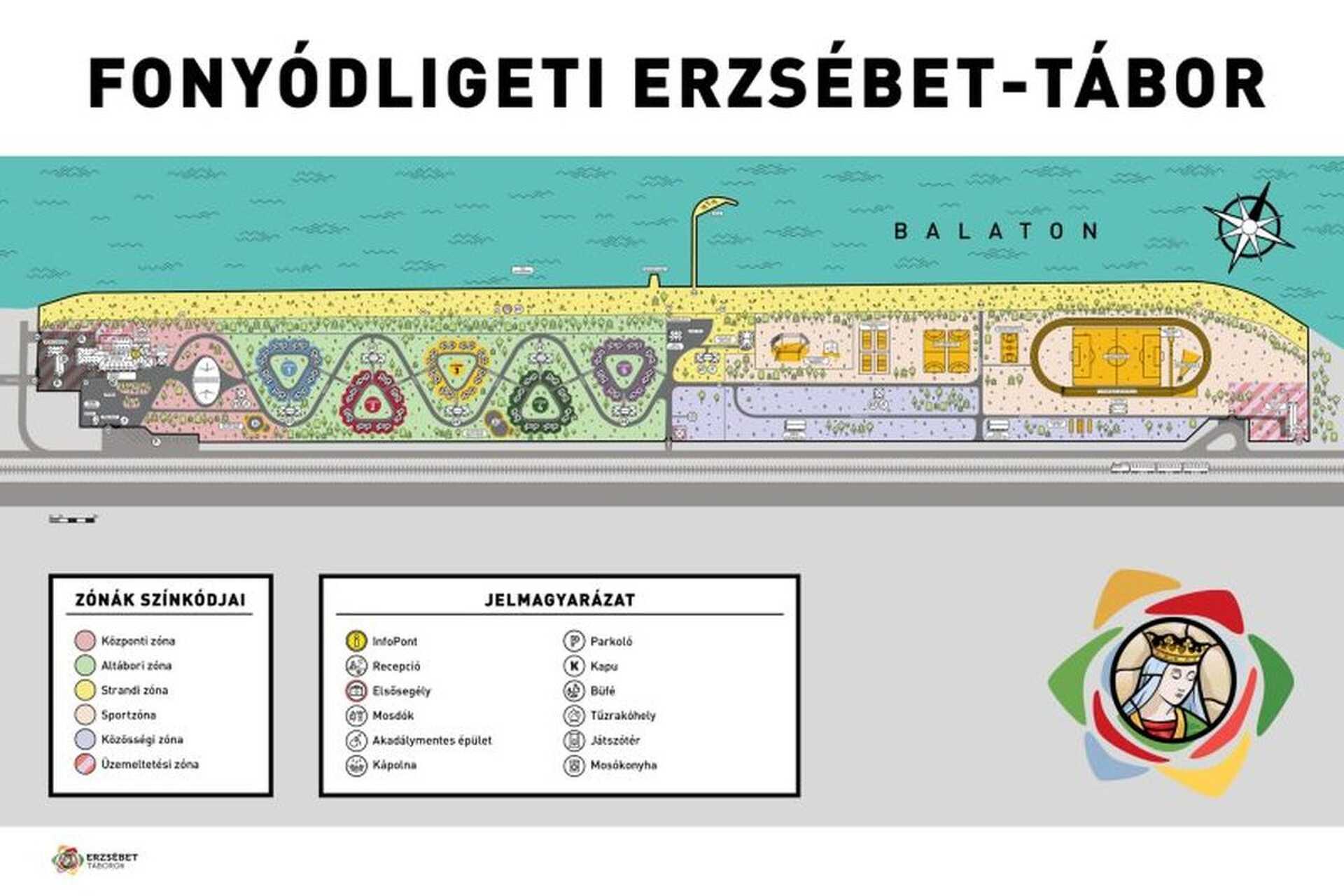 Illusztráció a fonyódligeti helyszínről az Erzsébet-tábor oldaláról, a sárgával jelölt strandzónát tervezik lezárni