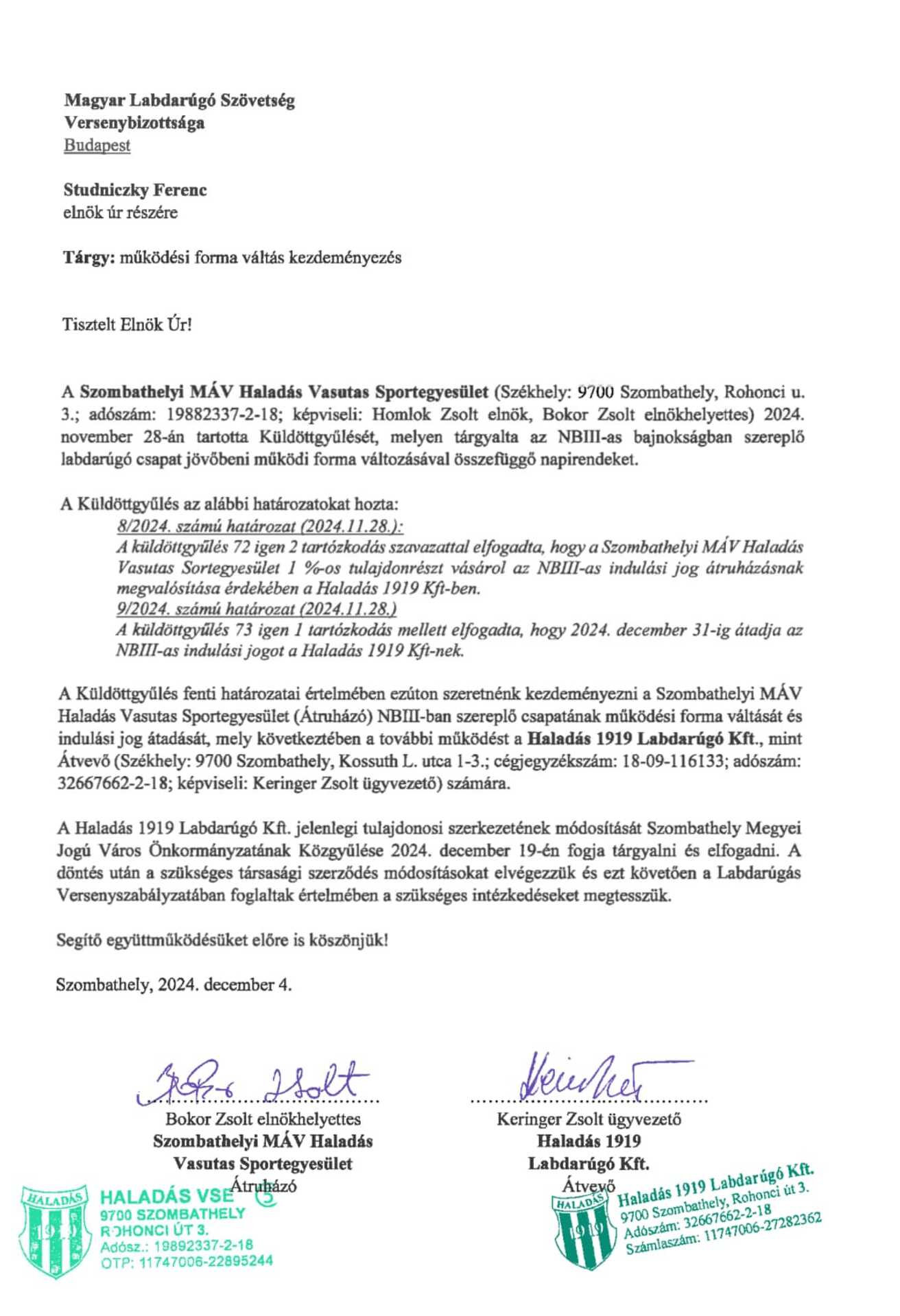 A HVSE beadványa az MLSZ-hez