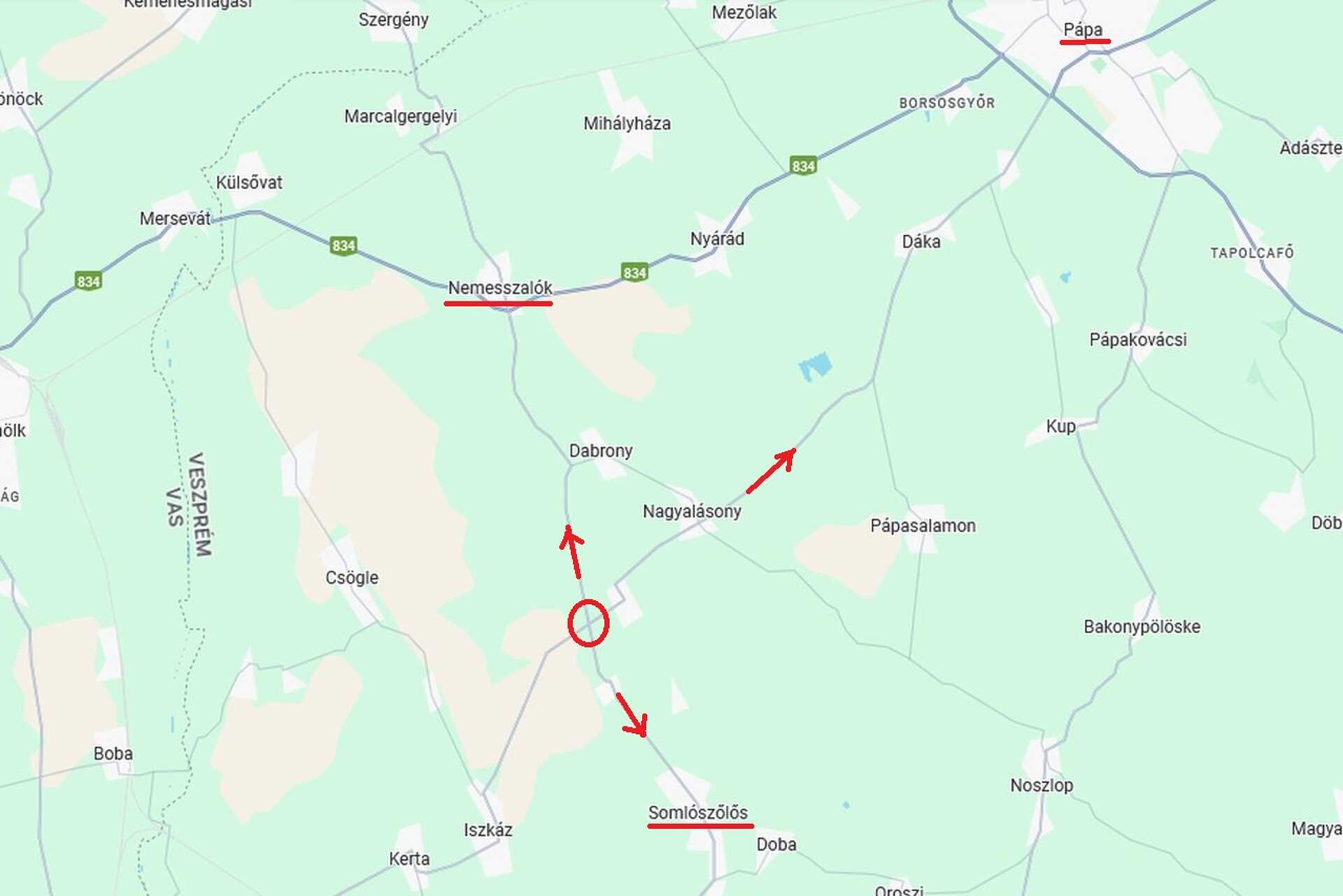 A képen piros kör jelöli a kereszteződést, a nyilak pedig a megnevezett településeket mutatják