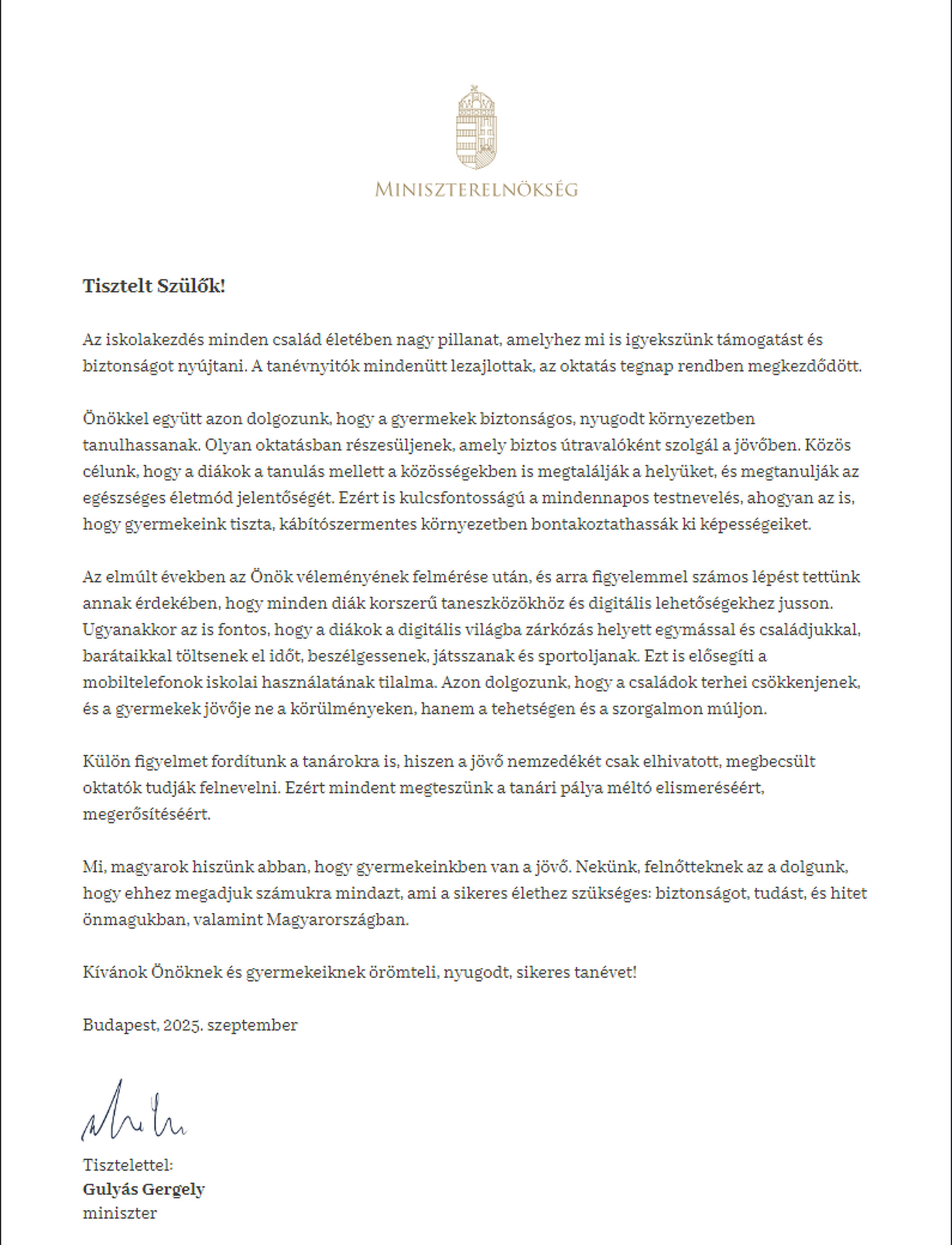 Gulyás Gergely levele amit a KRÉTA rendszerben küldött a szülőknek