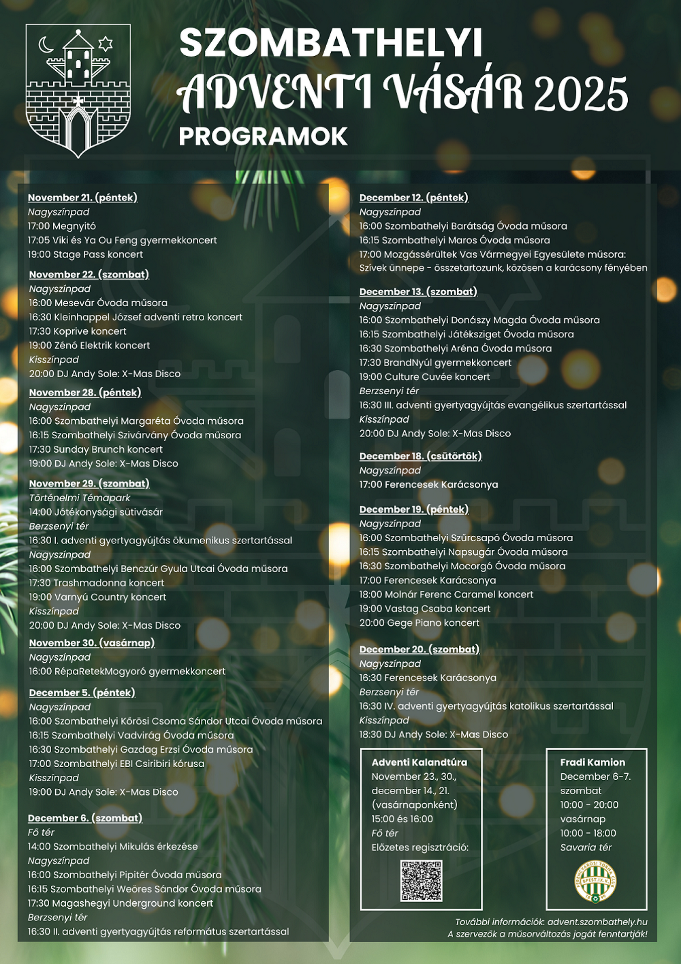 Adventi vásár Szombathely 2025 - teljes program