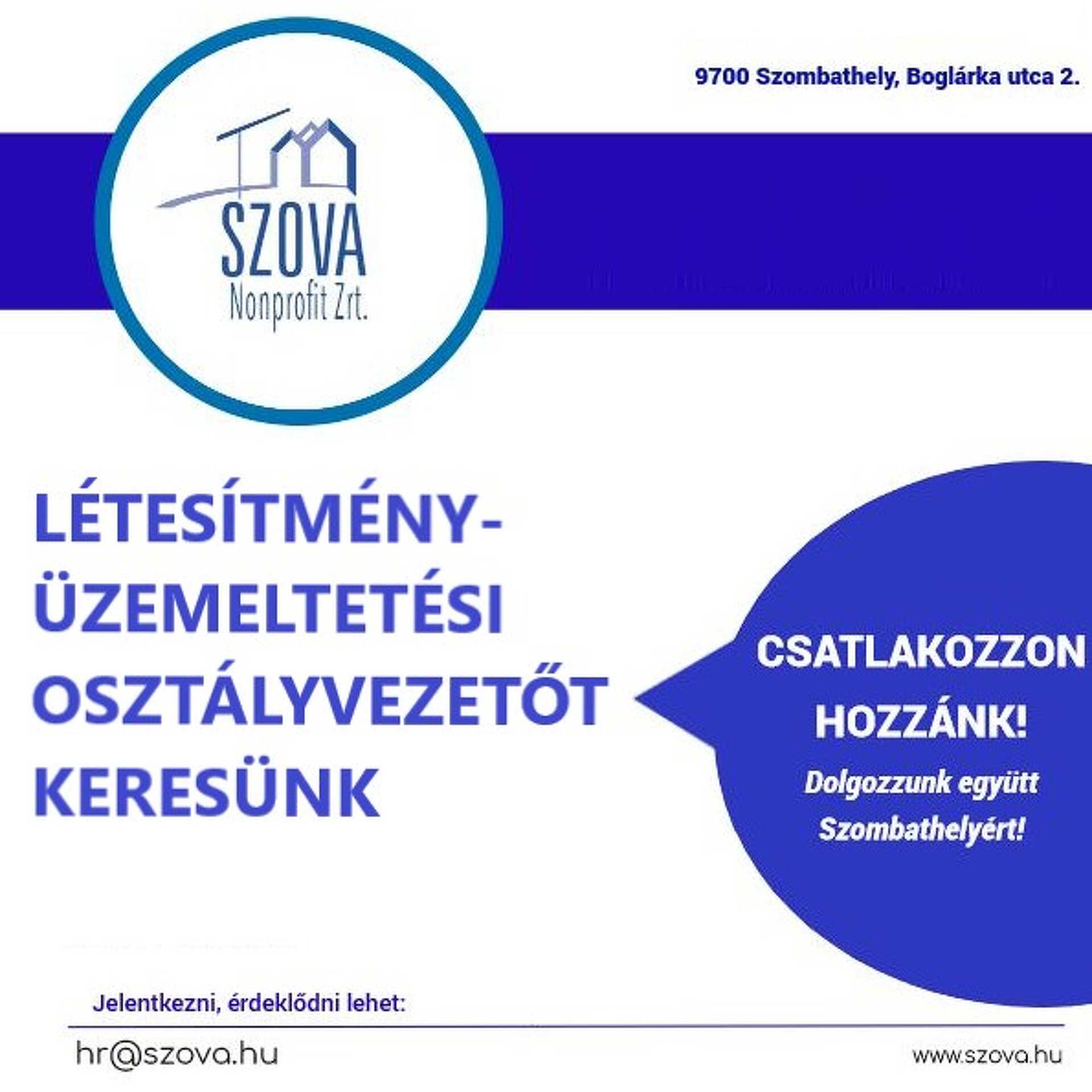 Létesítmény-üzemeltetési osztályvezetőt keres a SZOVA NZrt.