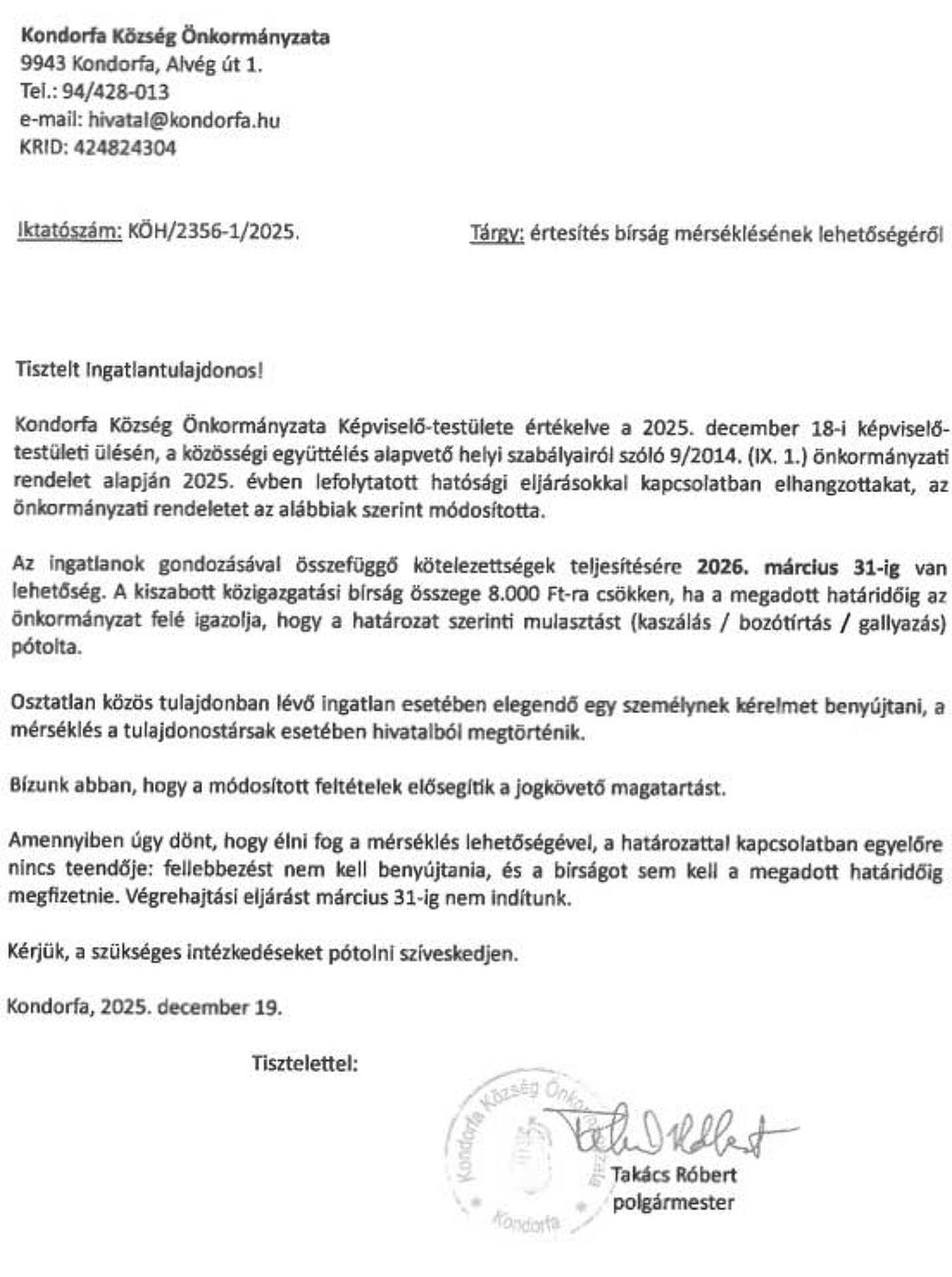 A kondorfai képviselő-testület határozata