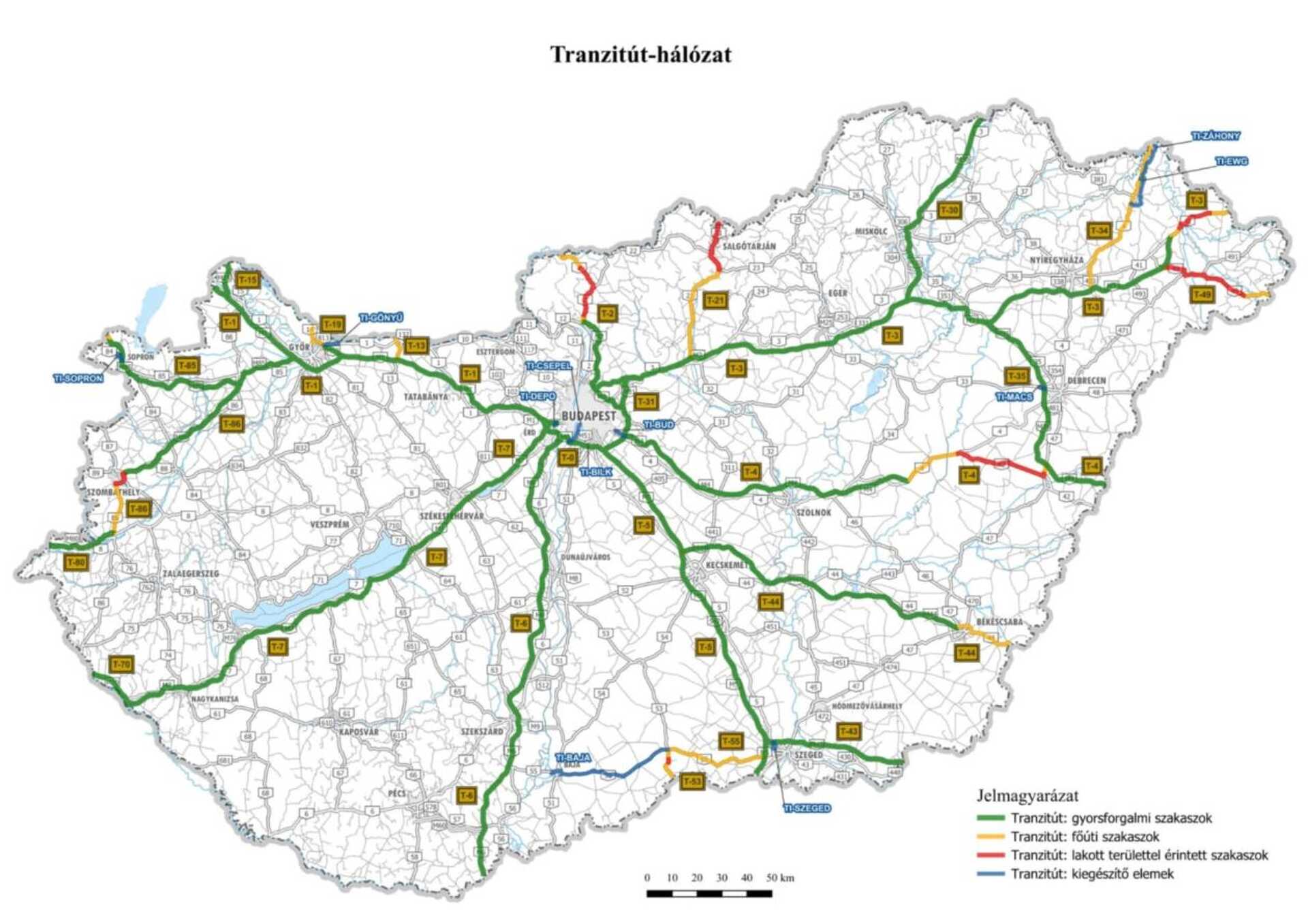 A tranzit teherforgalom számára kijelölt úthálózat