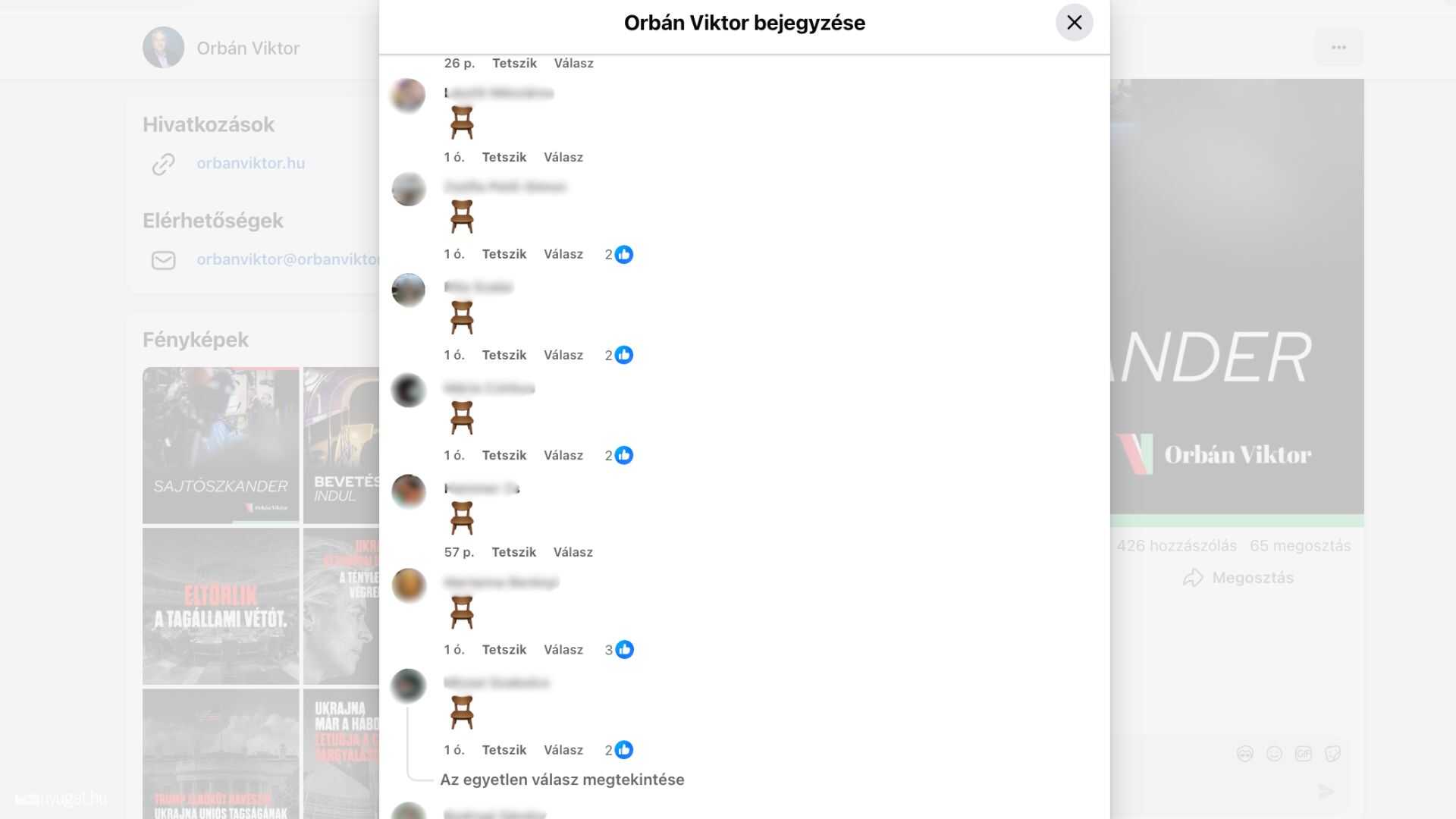 Szék emojikkal árasztják el Orbán Facebook-bejegyzéseit
