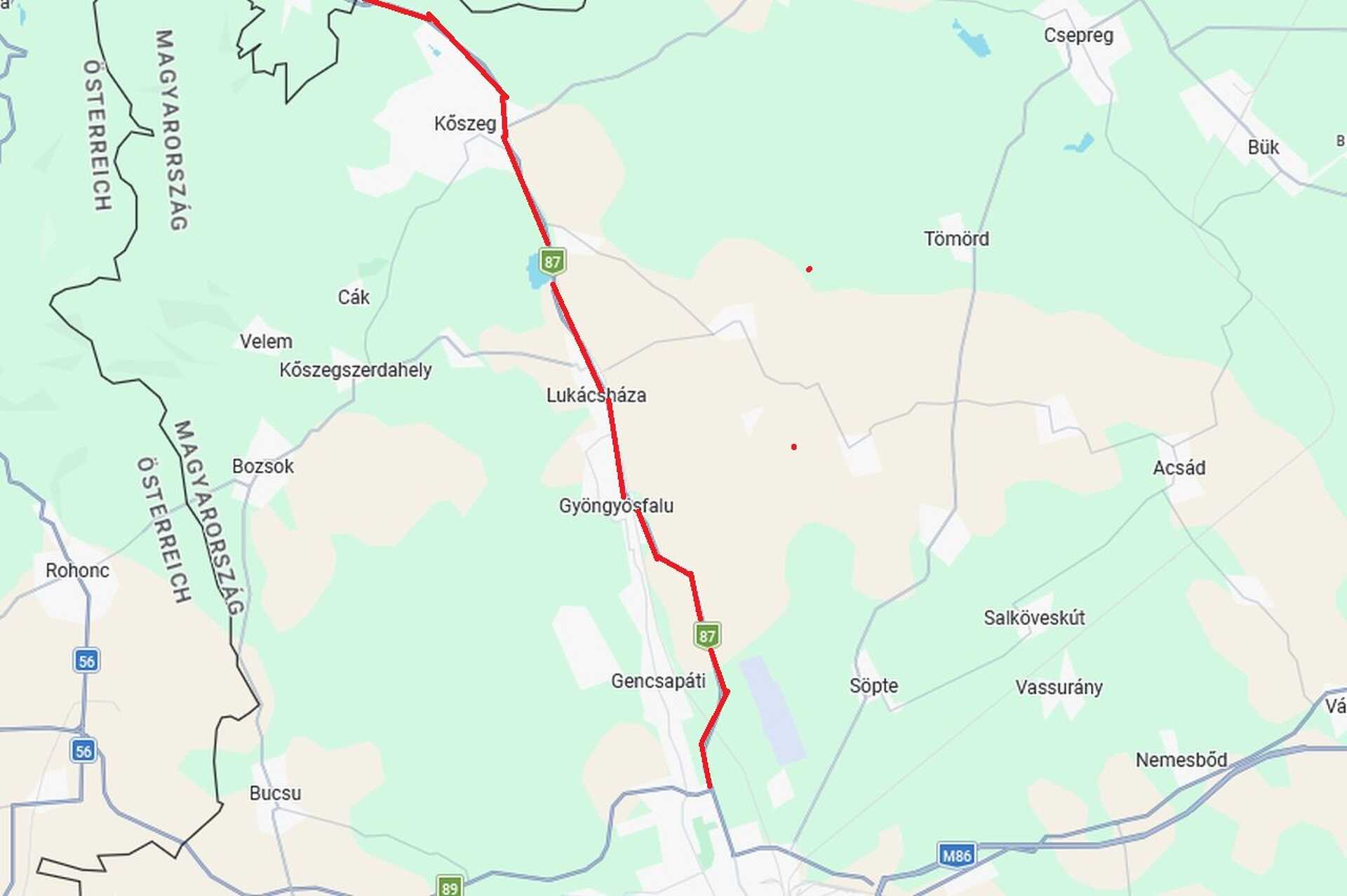 Ez pedig az említett útszakasz, a A 87-es út 