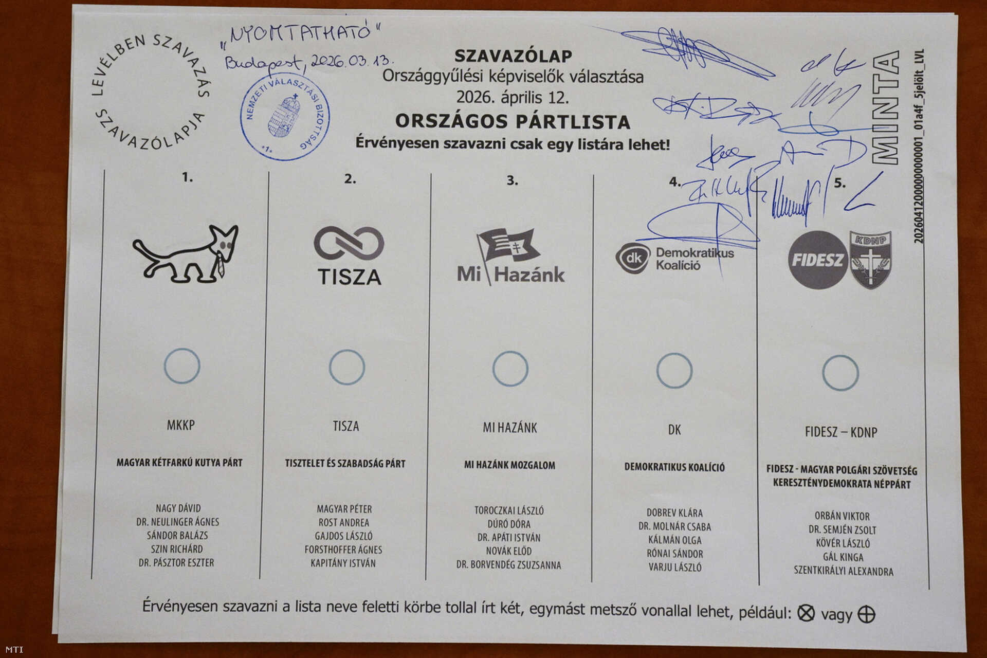 A 2026-os listás szavazólap mintája 