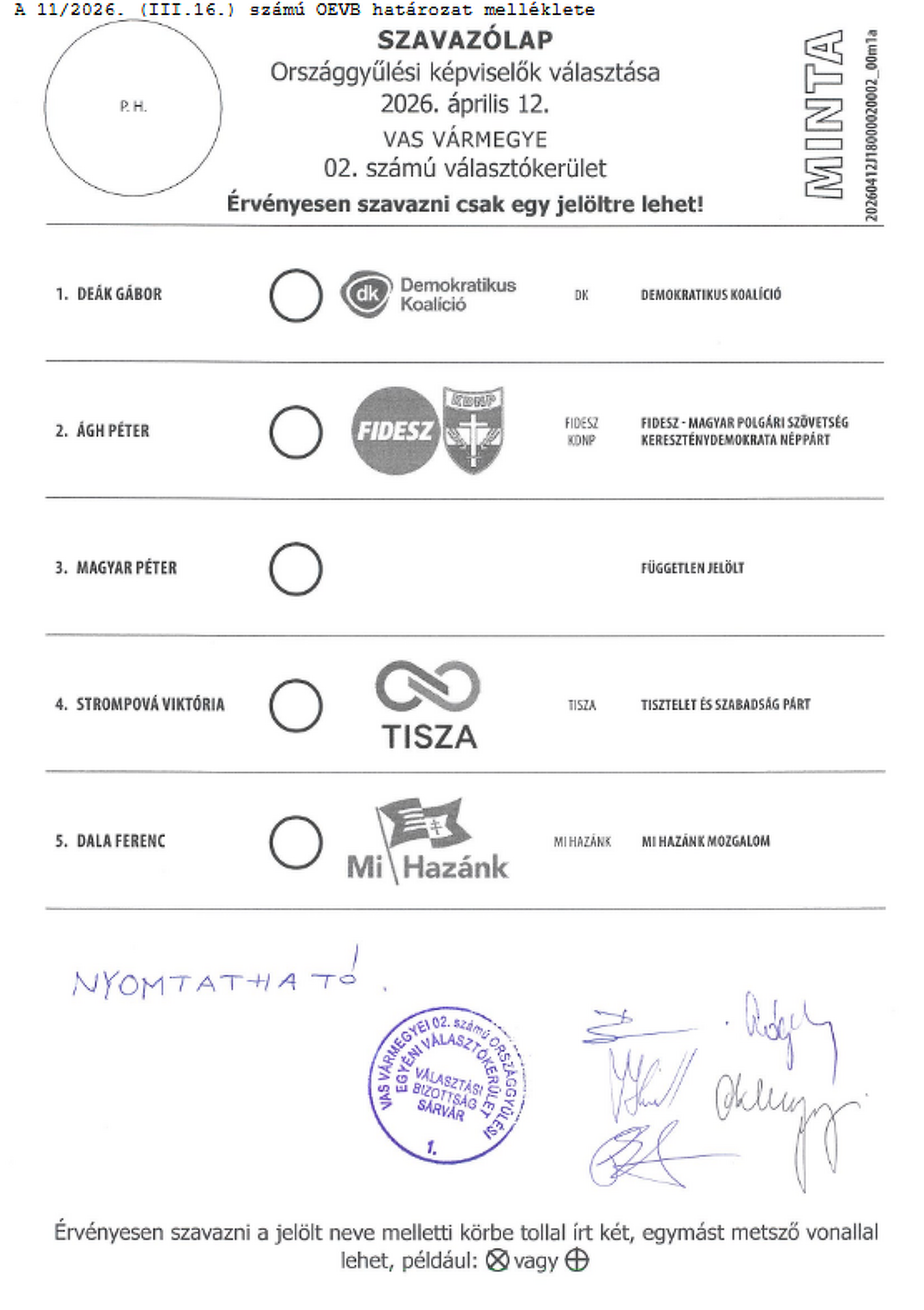 A vasi 2. választókerületi szavazólap mintája