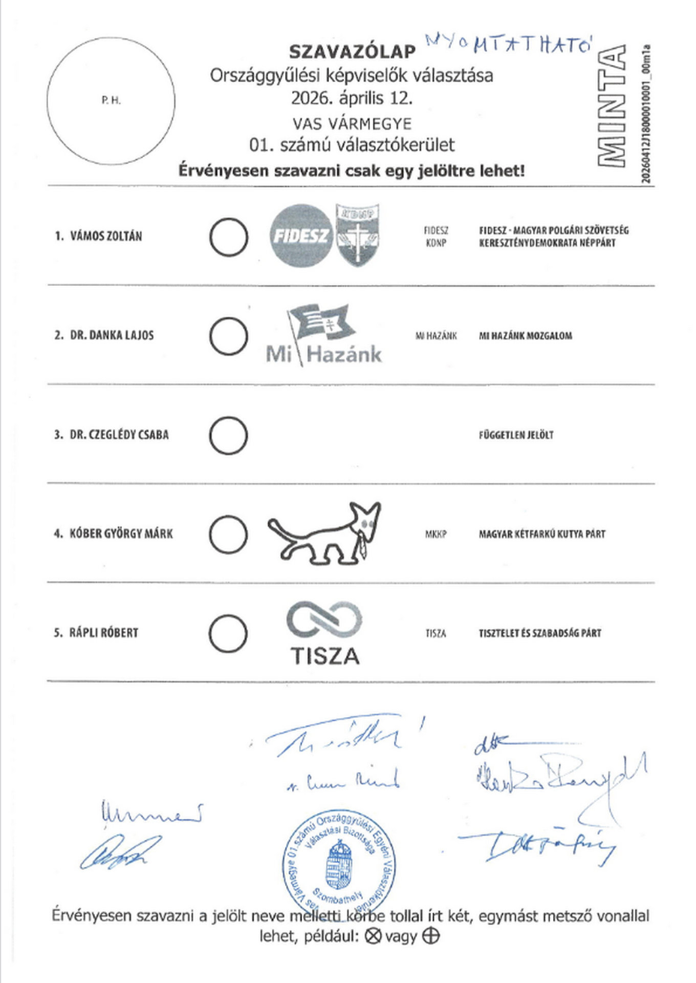 A vasi 1-es választókerület szavazólapja