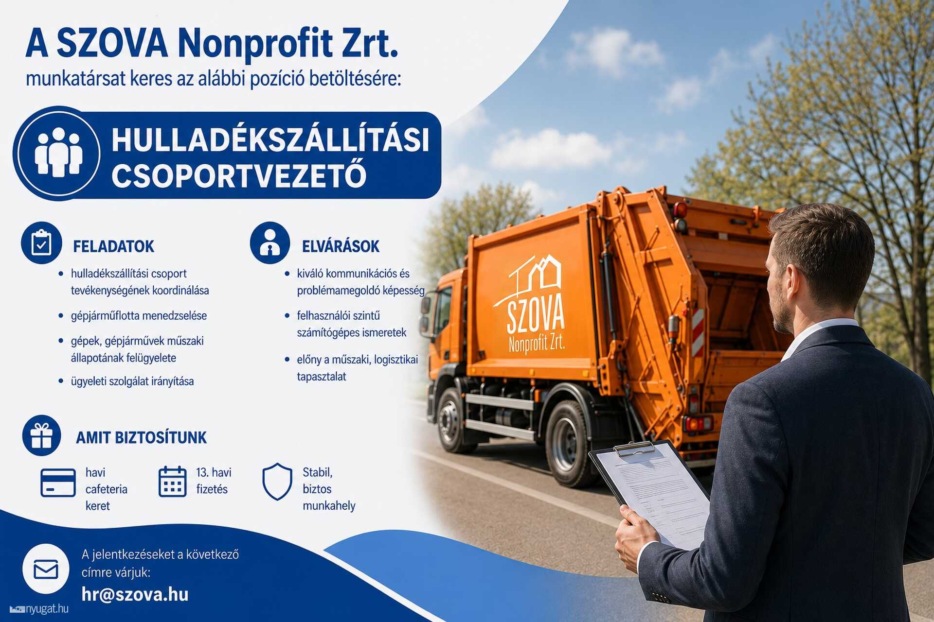 Hulladékszállítási csoportvezetőt keres a SZOVA NZrt.
