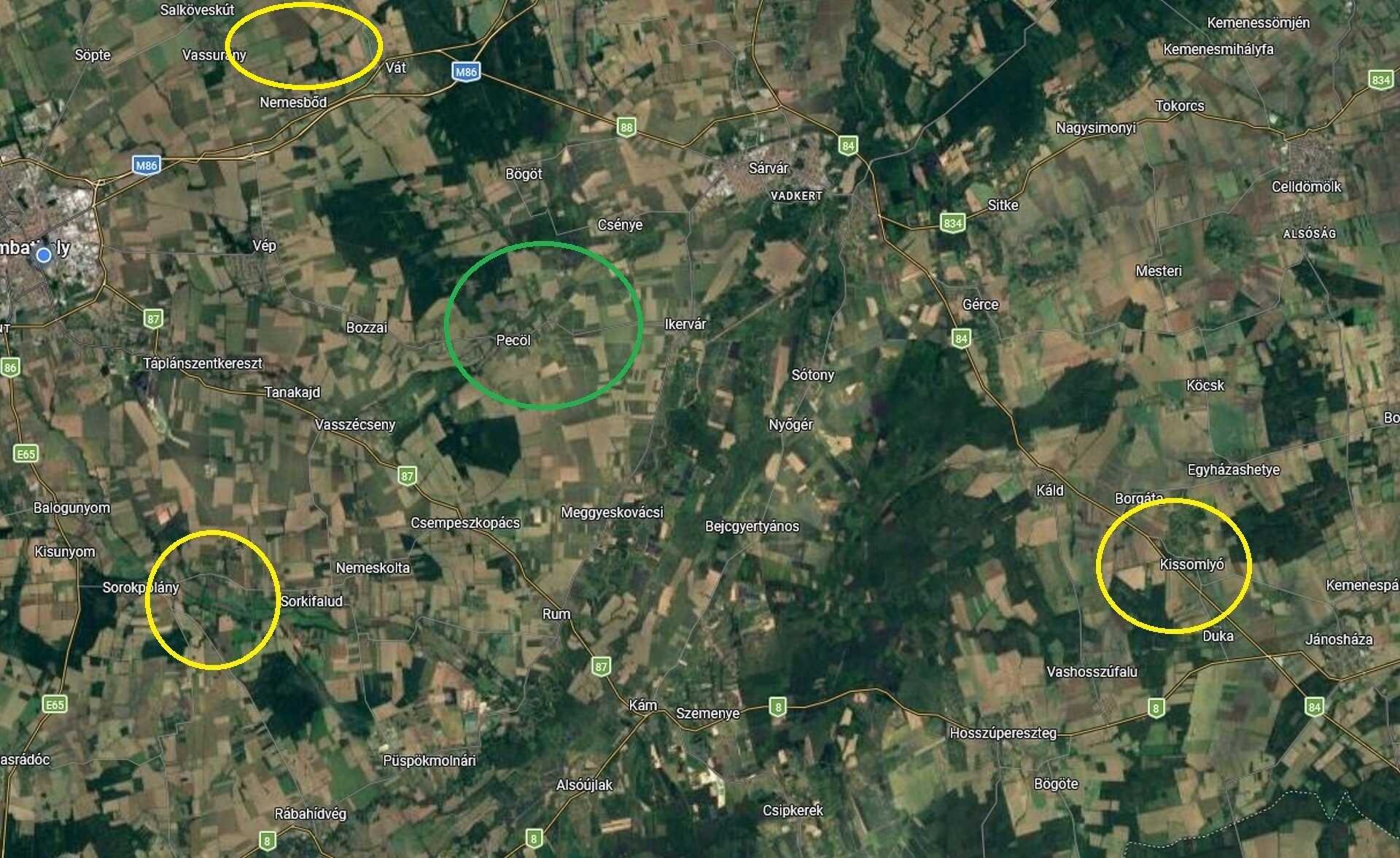 Zölddel jelöltük a már működő szélerőművet, sárgával a lehetséges új helyszíneket 