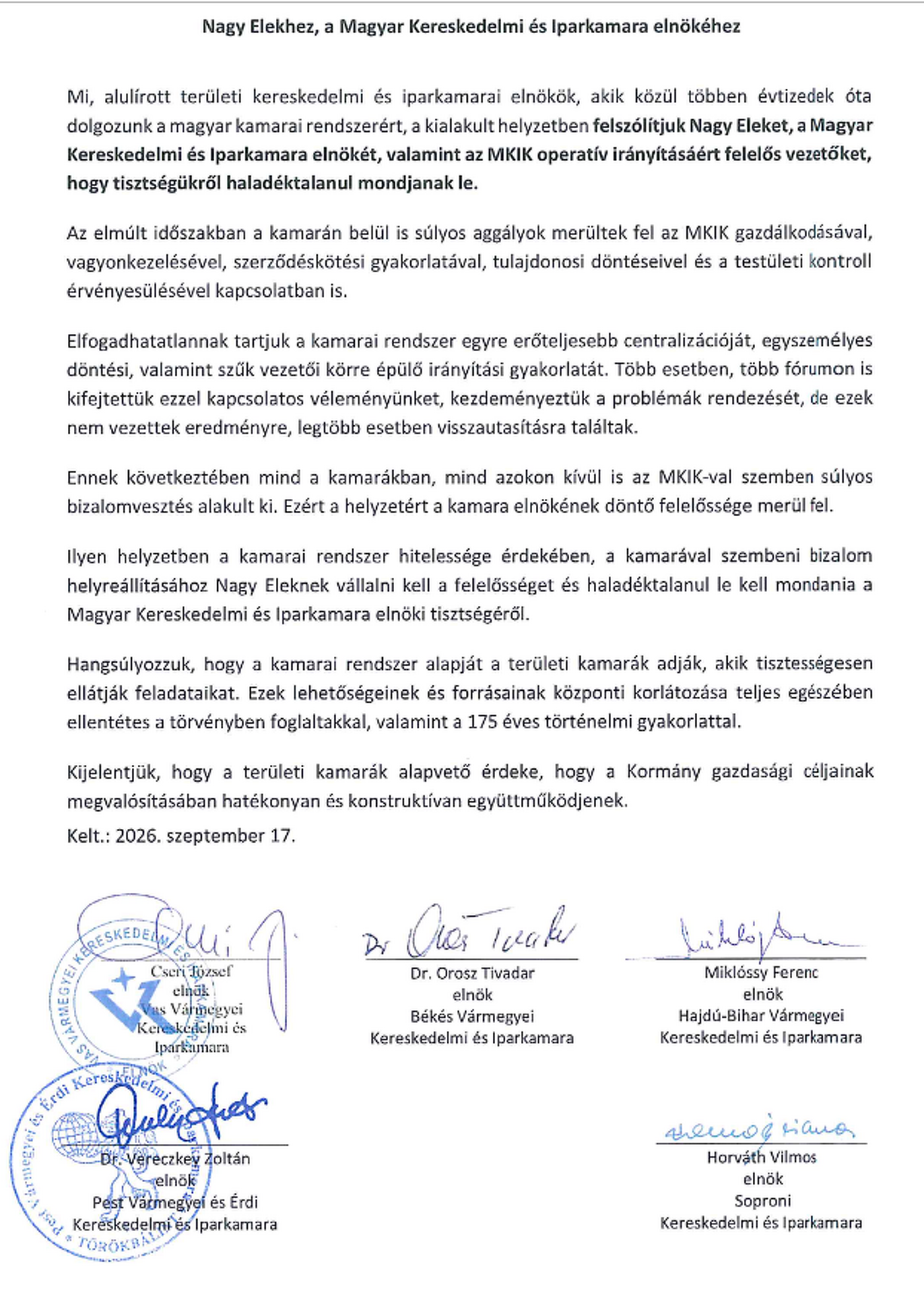 A kamara vezetők levele Nagy Elekhez