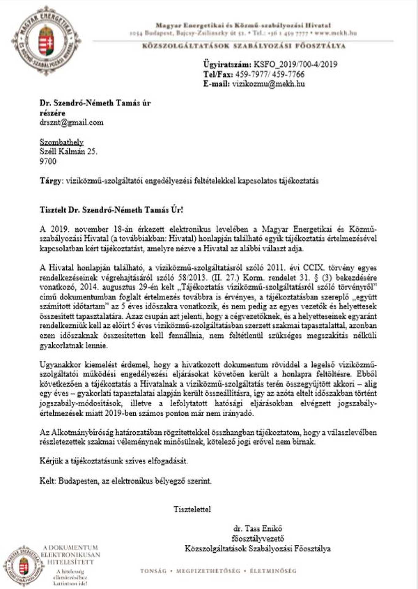 A MEKH állása a Vasivíz Zrt-ről