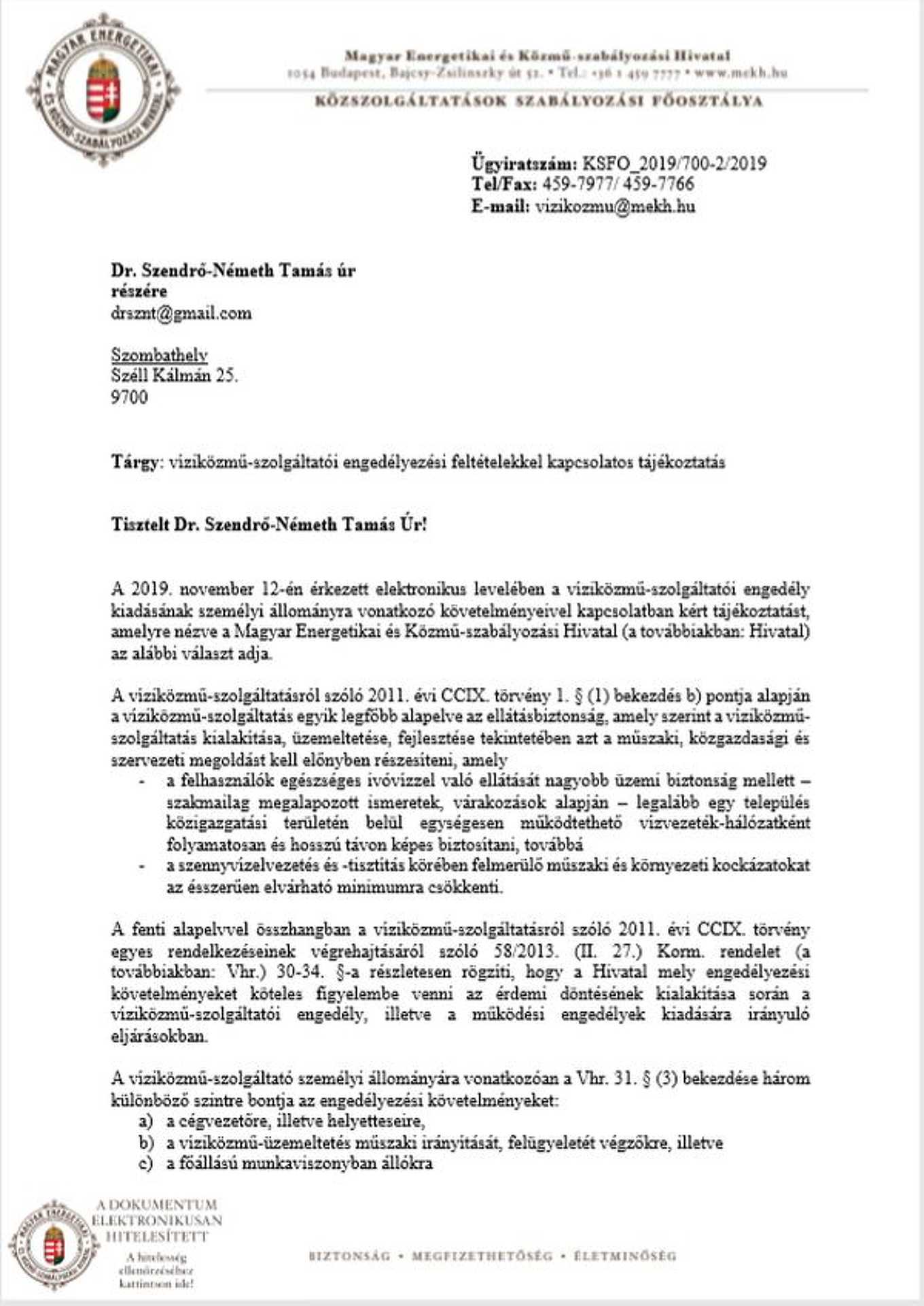 A MEKH állása a Vasivíz Zrt-ről