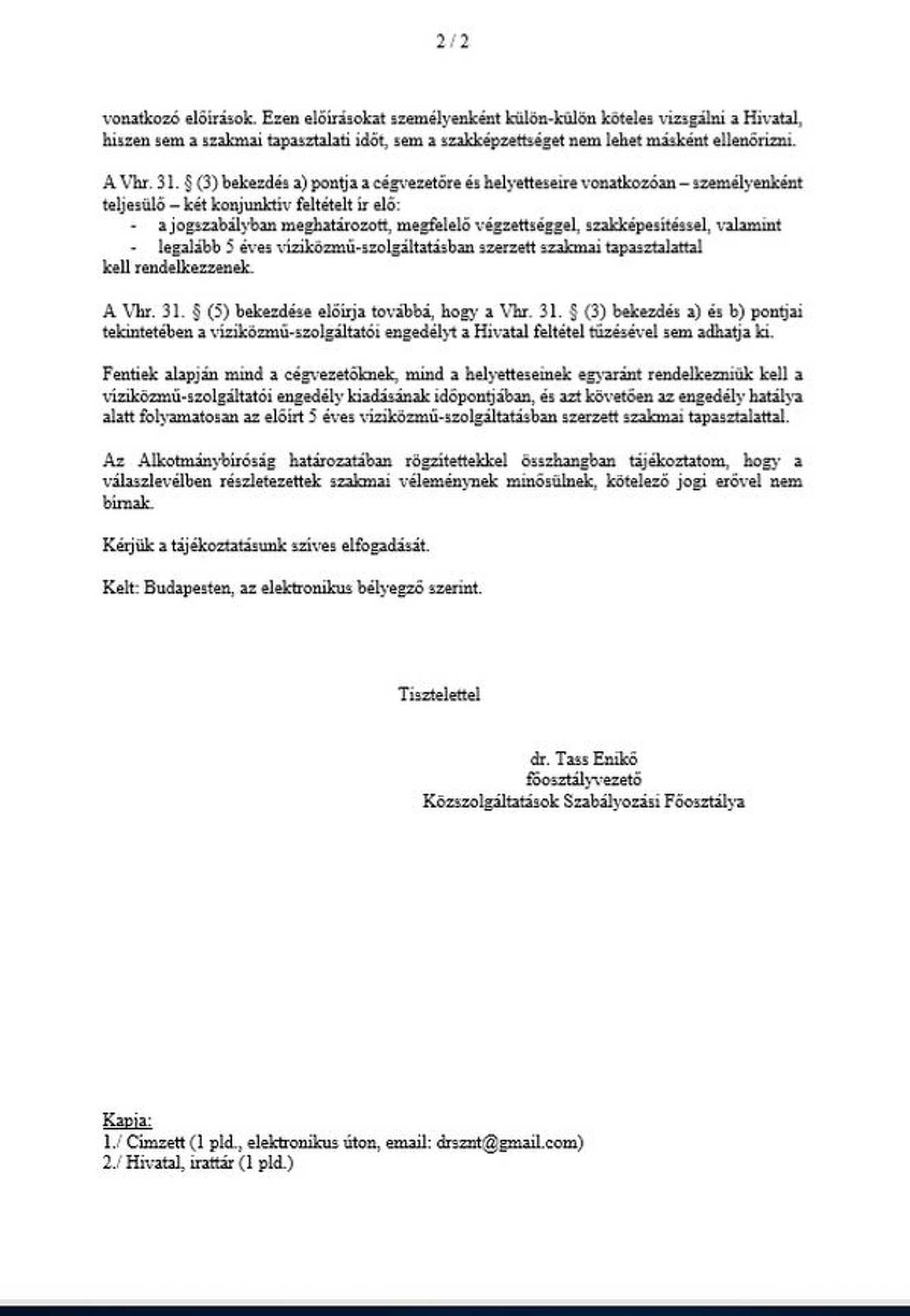 A MEKH állása a Vasivíz Zrt-ről