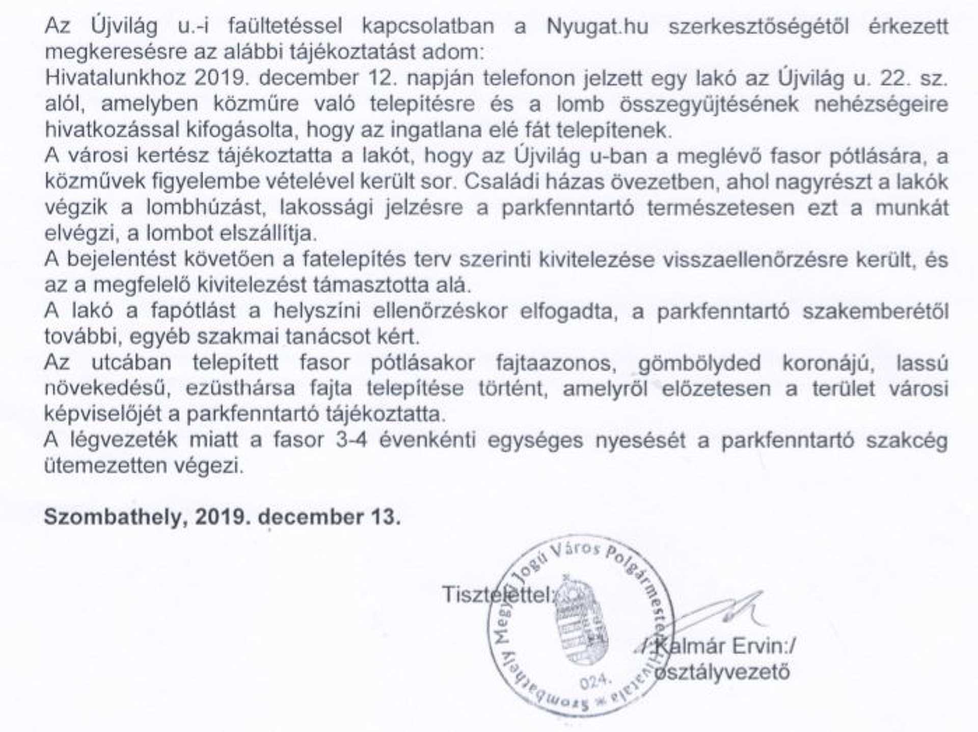 Válasz az Újvilág utcai faültetési lakossági panaszra