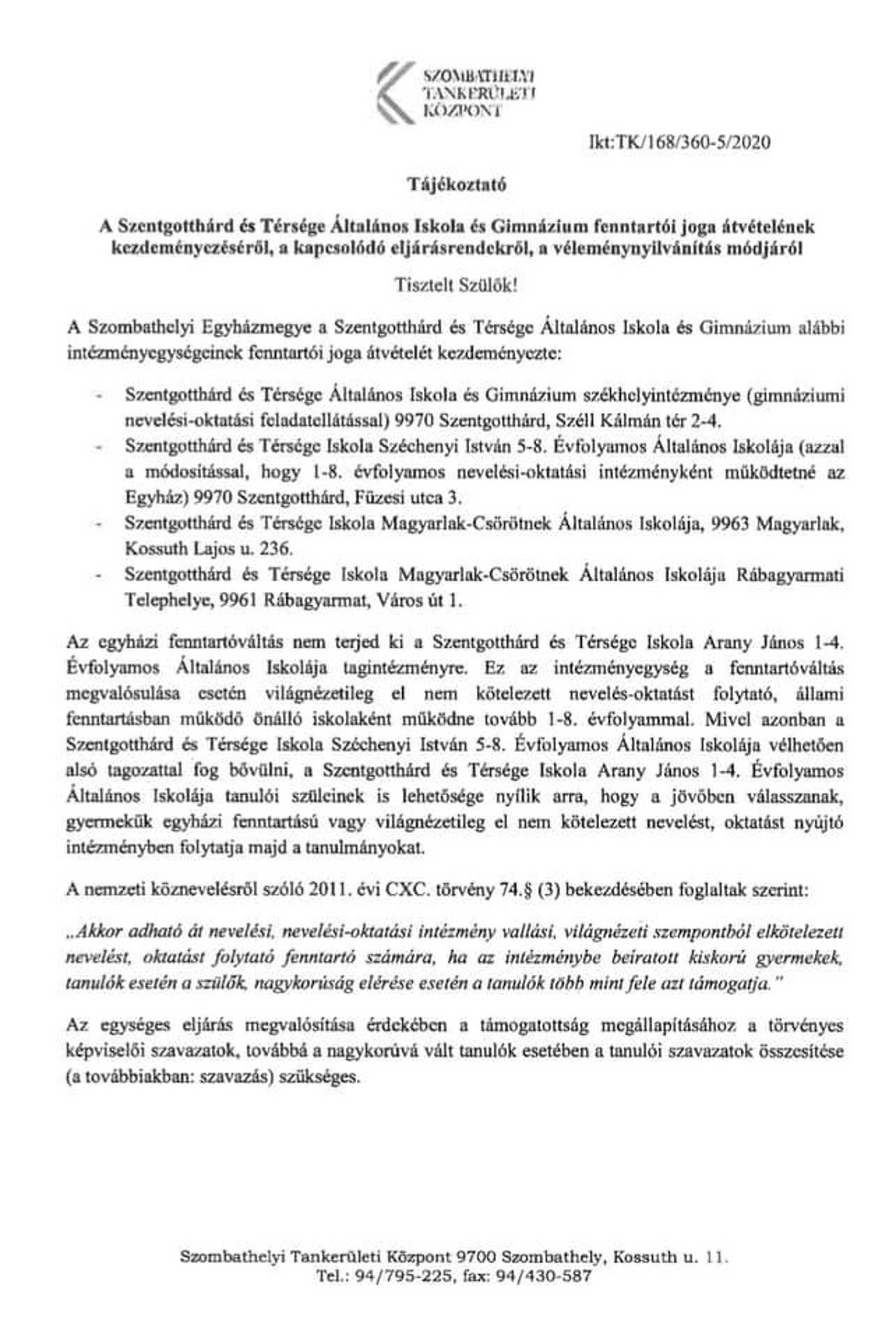 A tankerület tájékoztatója a szentgotthárdi szavazásról