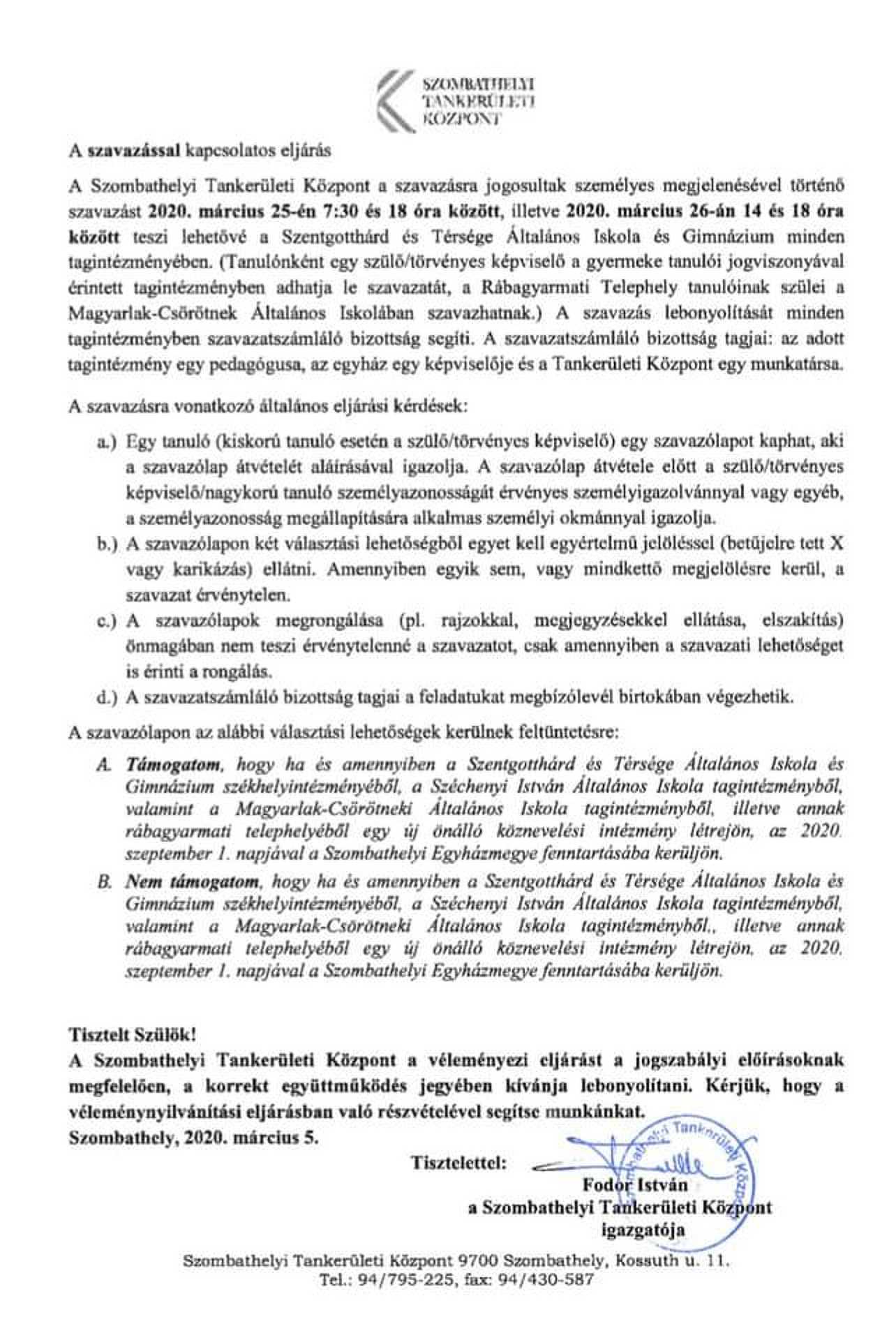A tankerület tájékoztatója a szentgotthárdi szavazásról