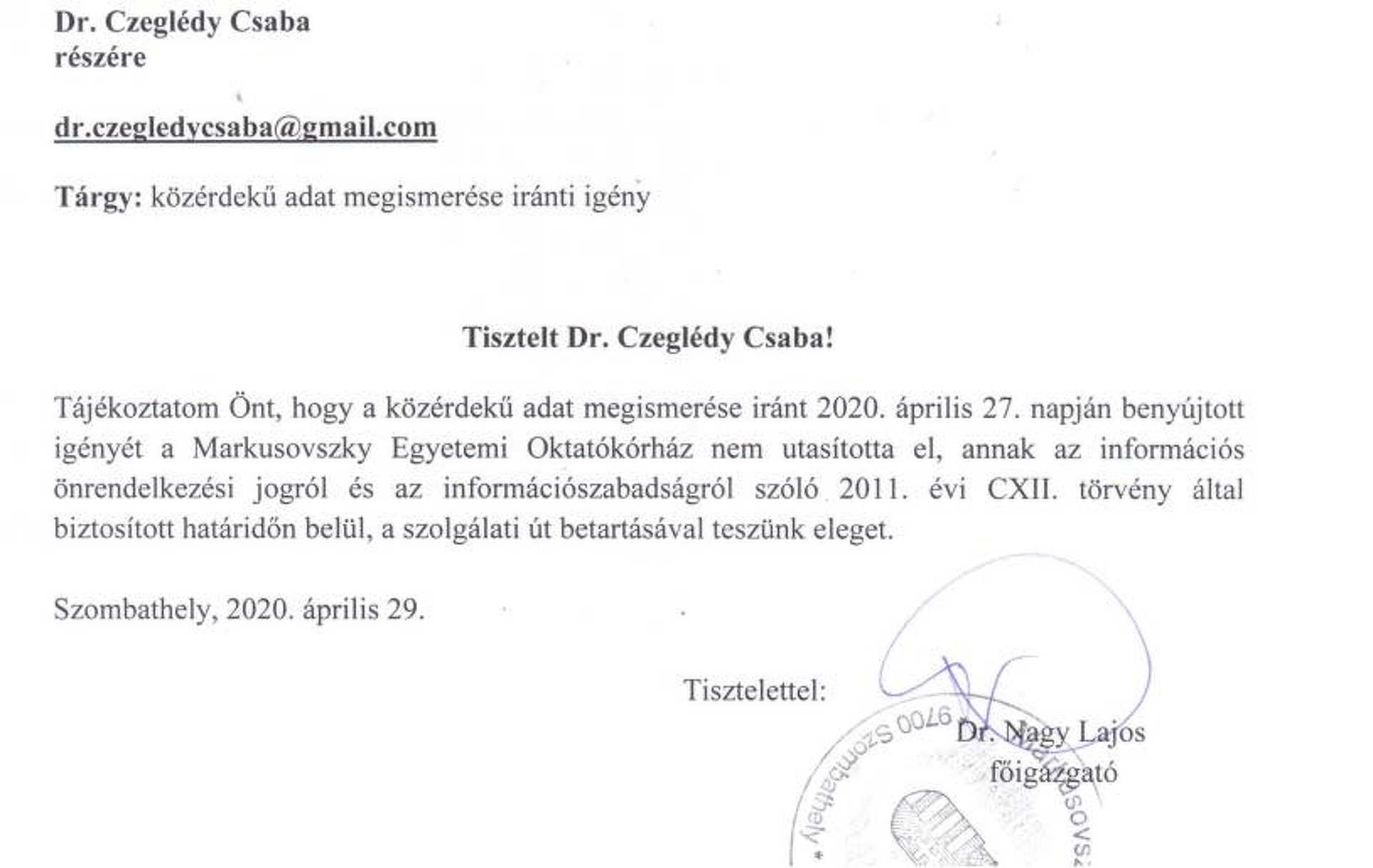 A kórház levele Czeglédy Csabának