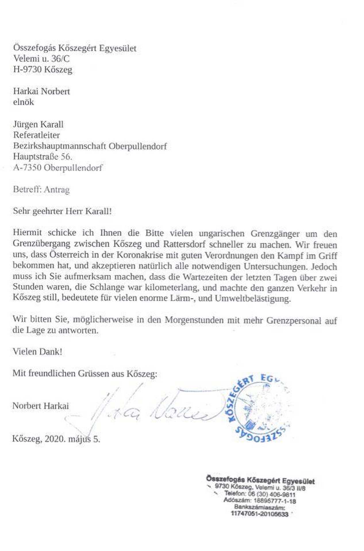 Az Összefogás Kőszegért Egyesület levele a burgenlandi tartományi vezetésnek