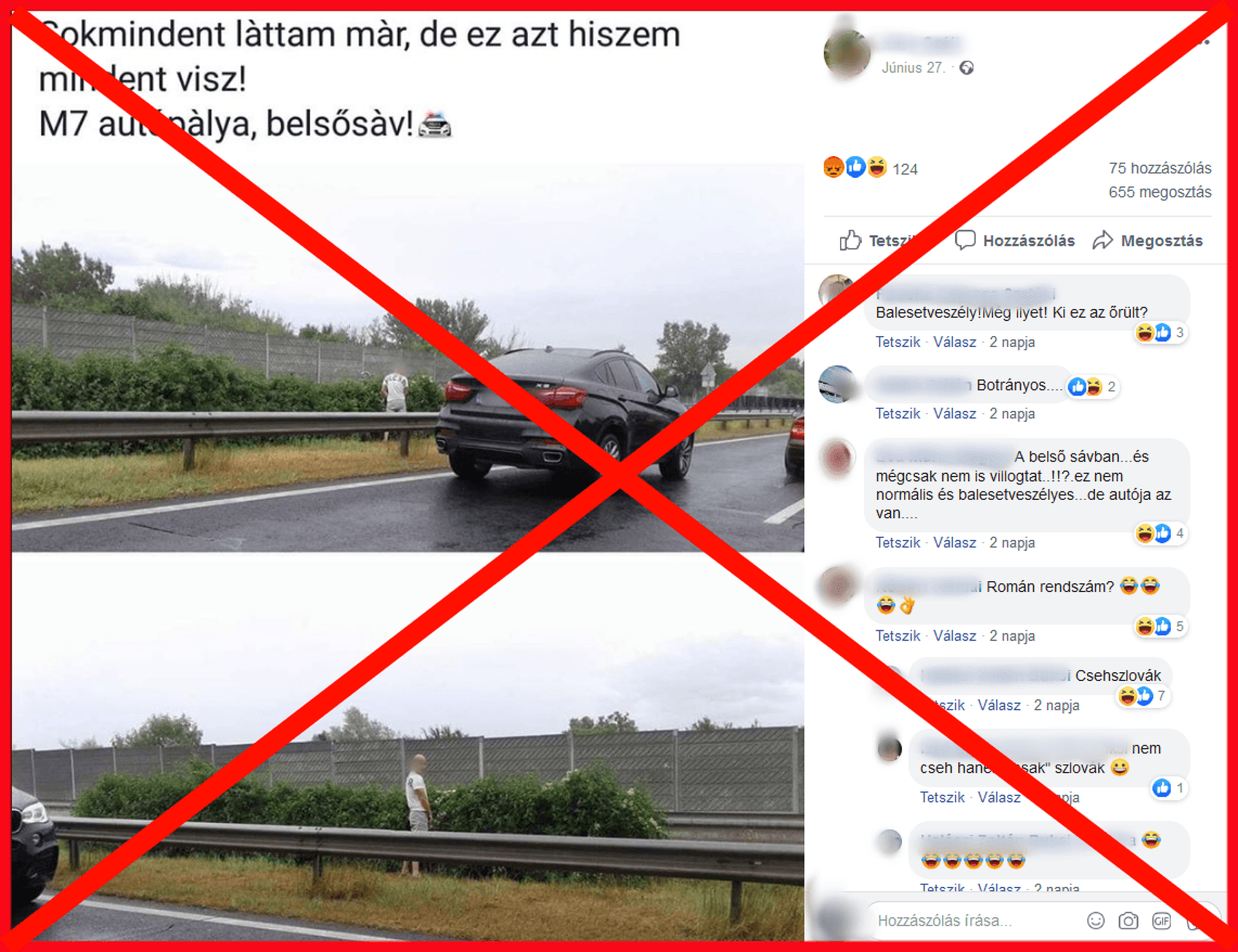 M7-es belső sávjában álló BMW és a vizelő sofőr