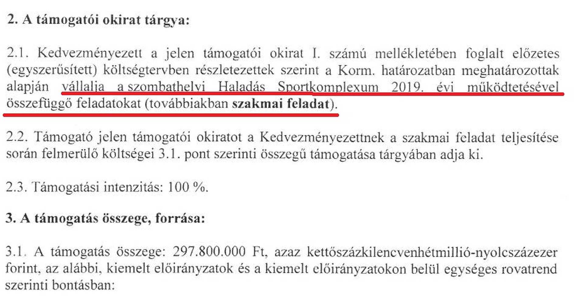 Részlet a 2019-es támogatói okiratból