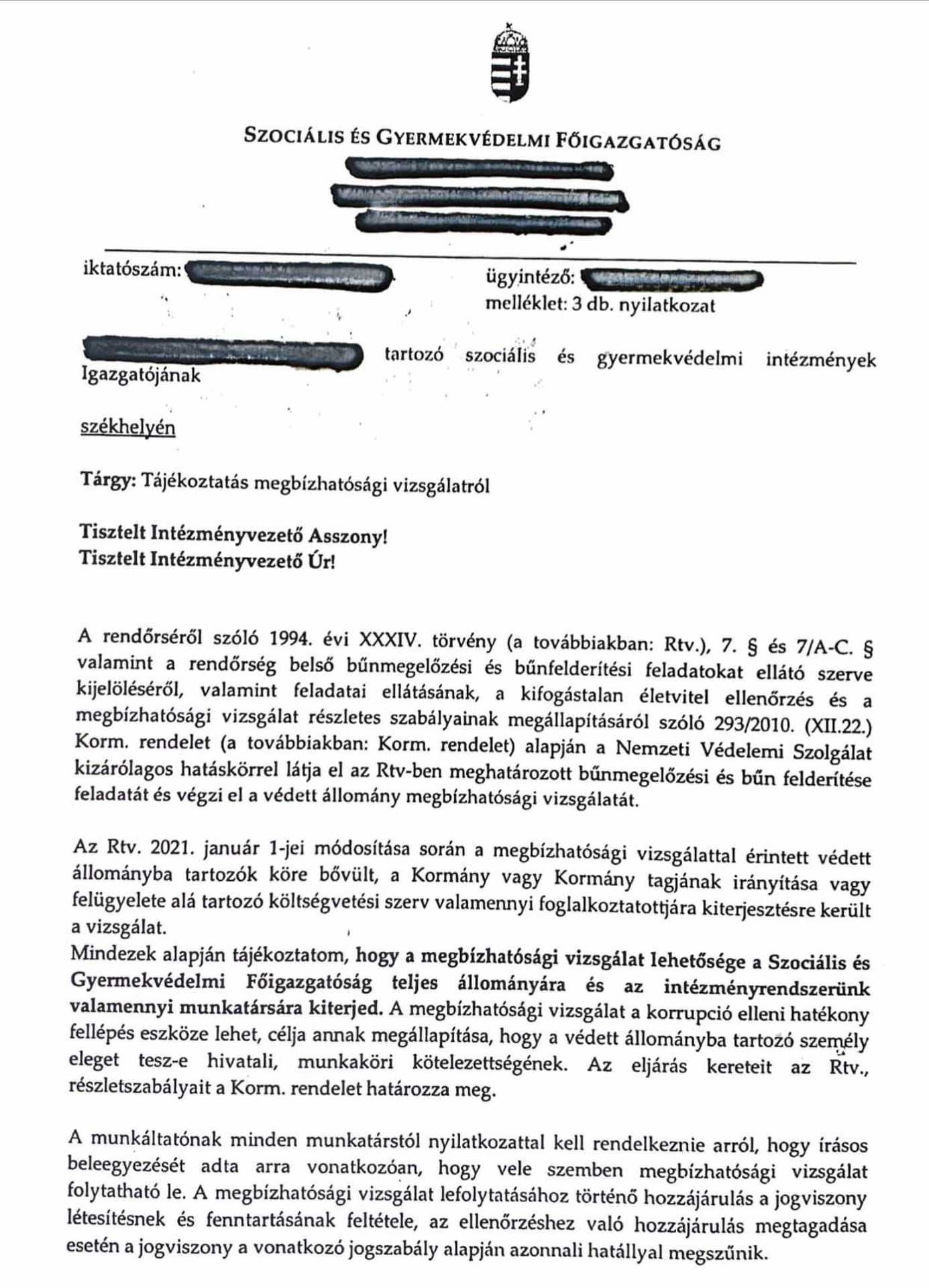 A Szociális és Gyermekvédelmi Főigazgatóság levele