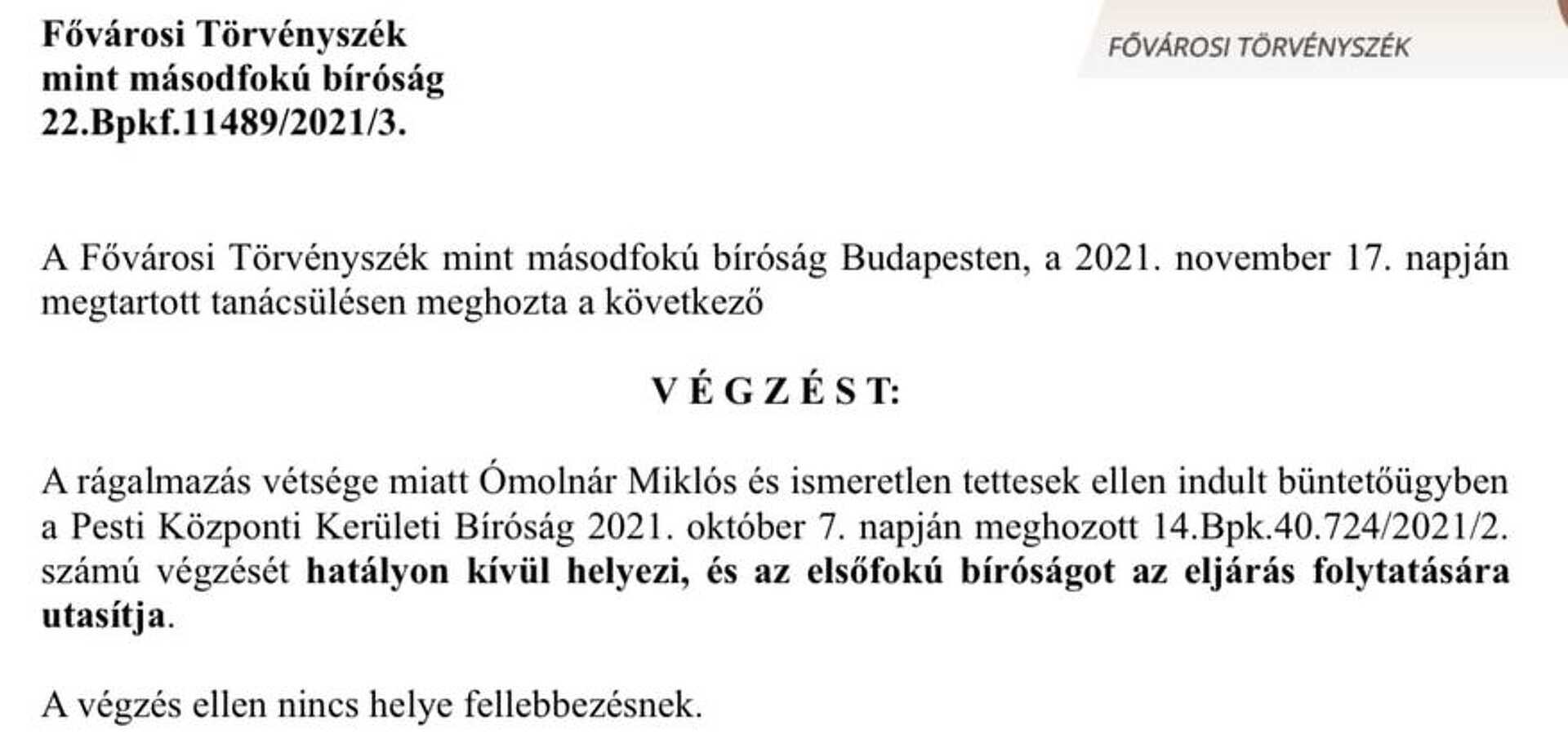 Bírósági végzés Ómolnár MIklós elleni eljárásról