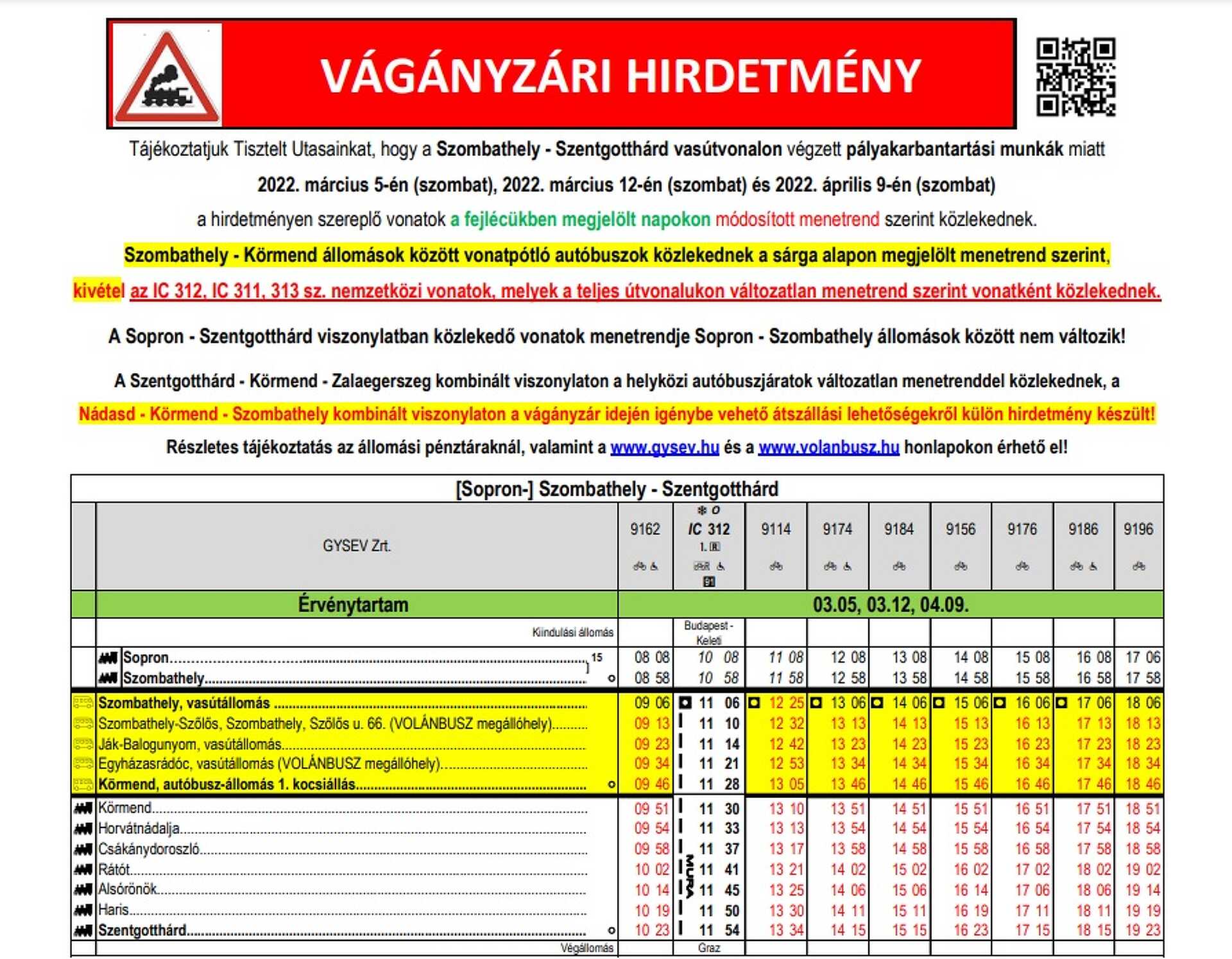 Vágányzári menetrend a Szombathely–Szentgotthárd vasútvonalon 2022.03.05-én, 2022.03.12-én és 2022.04.09-én napközben