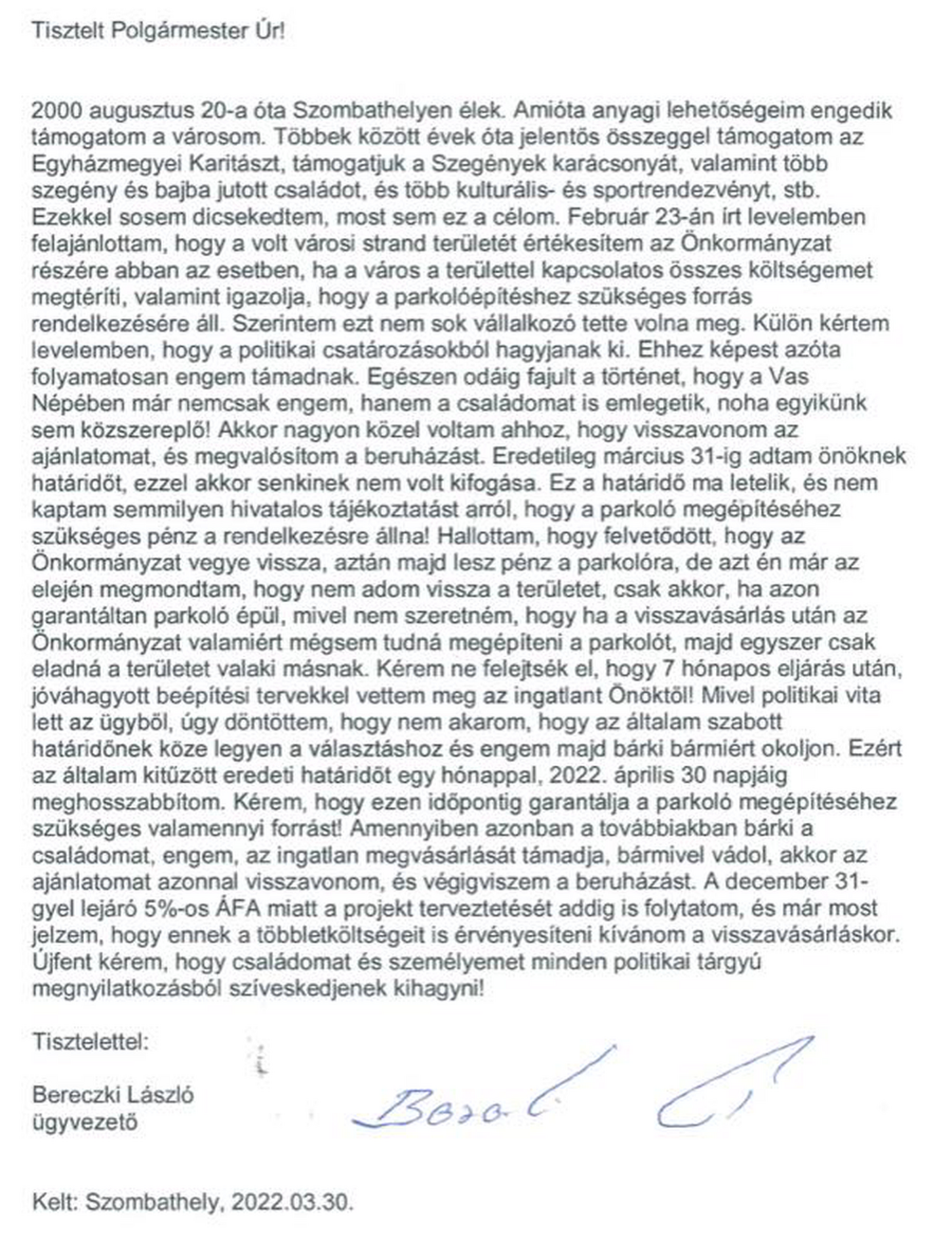 A volt városi strand tulajdonosának levele