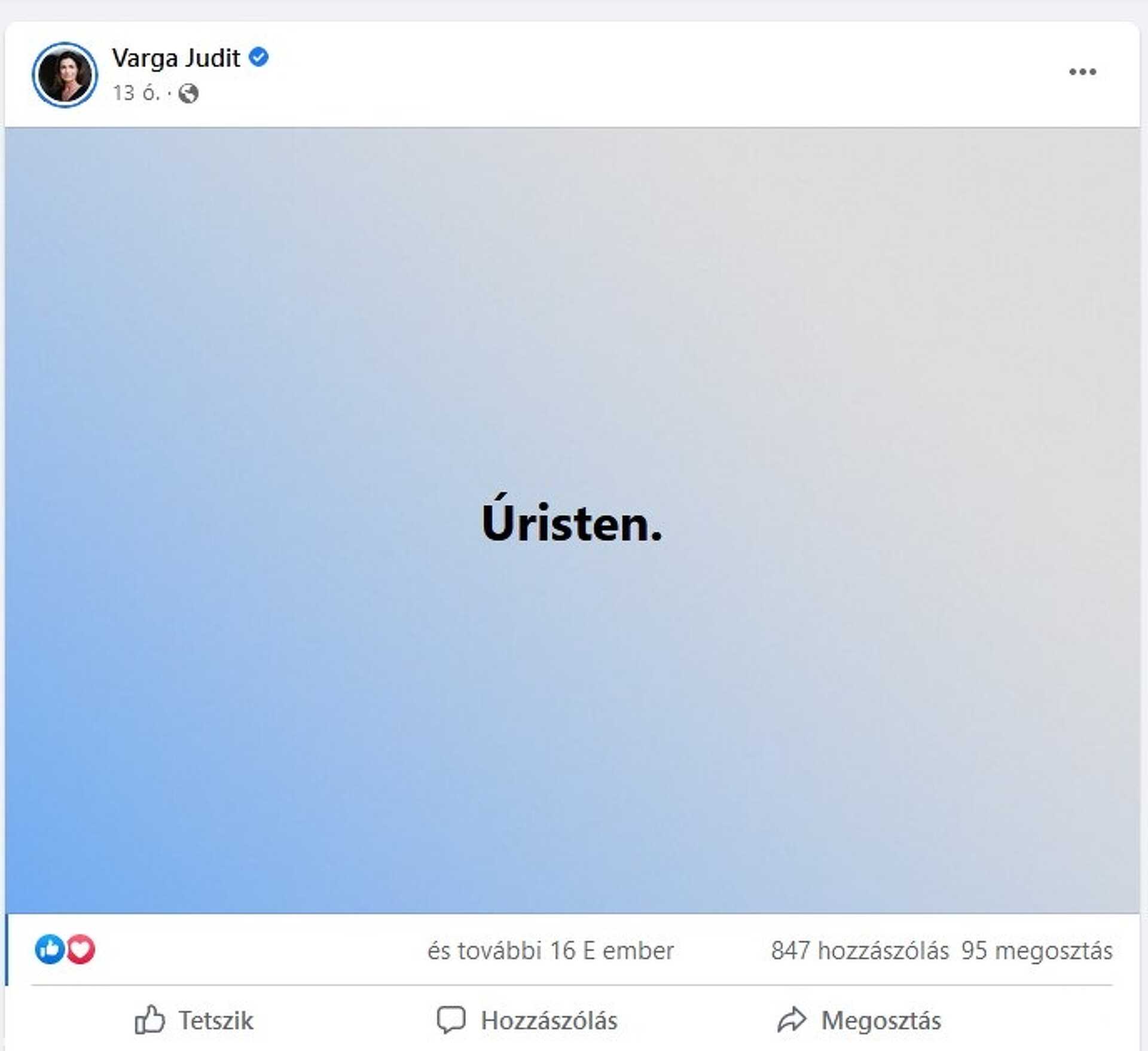 Varga Judit igazságügyi miniszter Facebook posztja