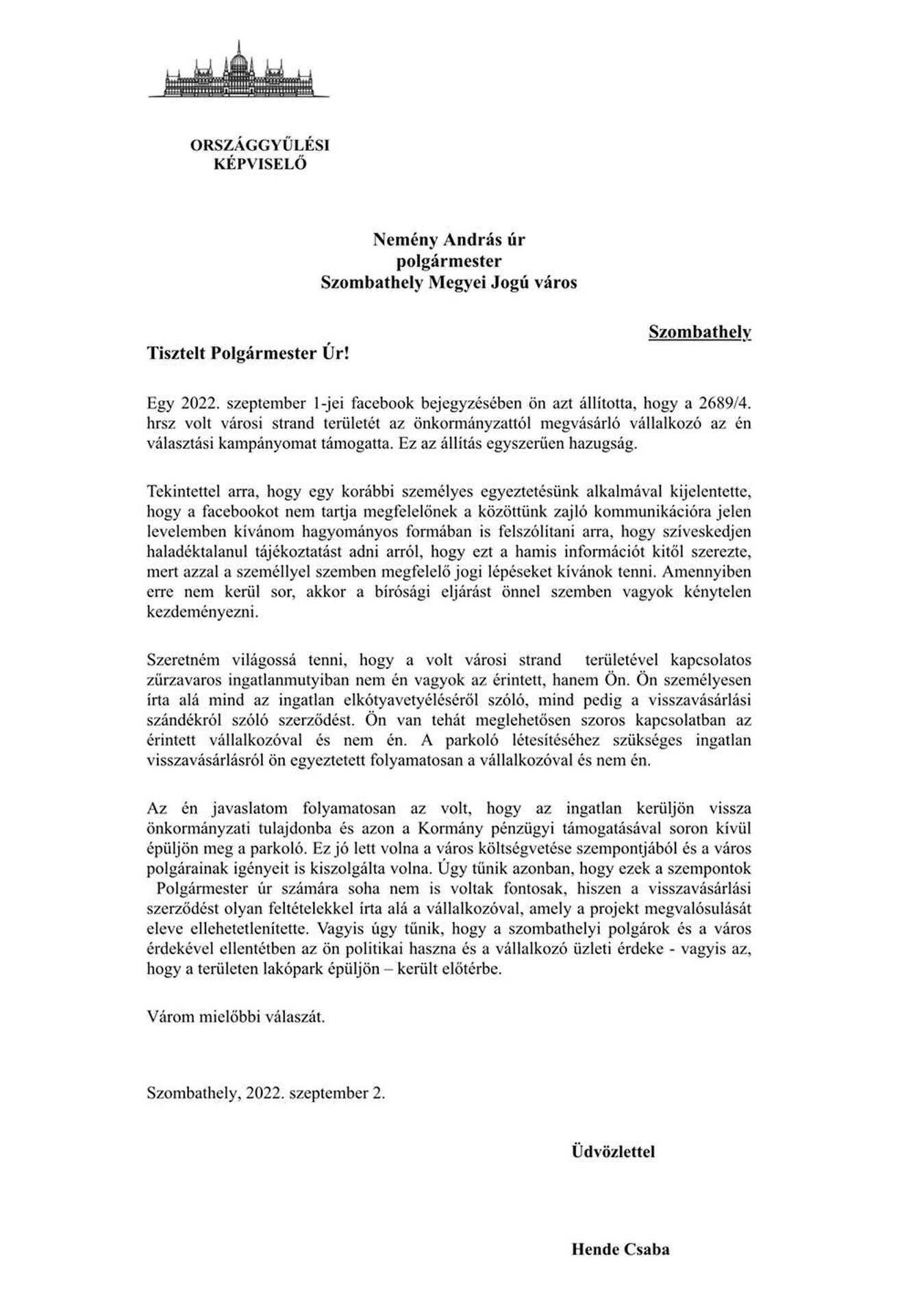 Hende Csaba nyílt levele Nemény Andráshoz