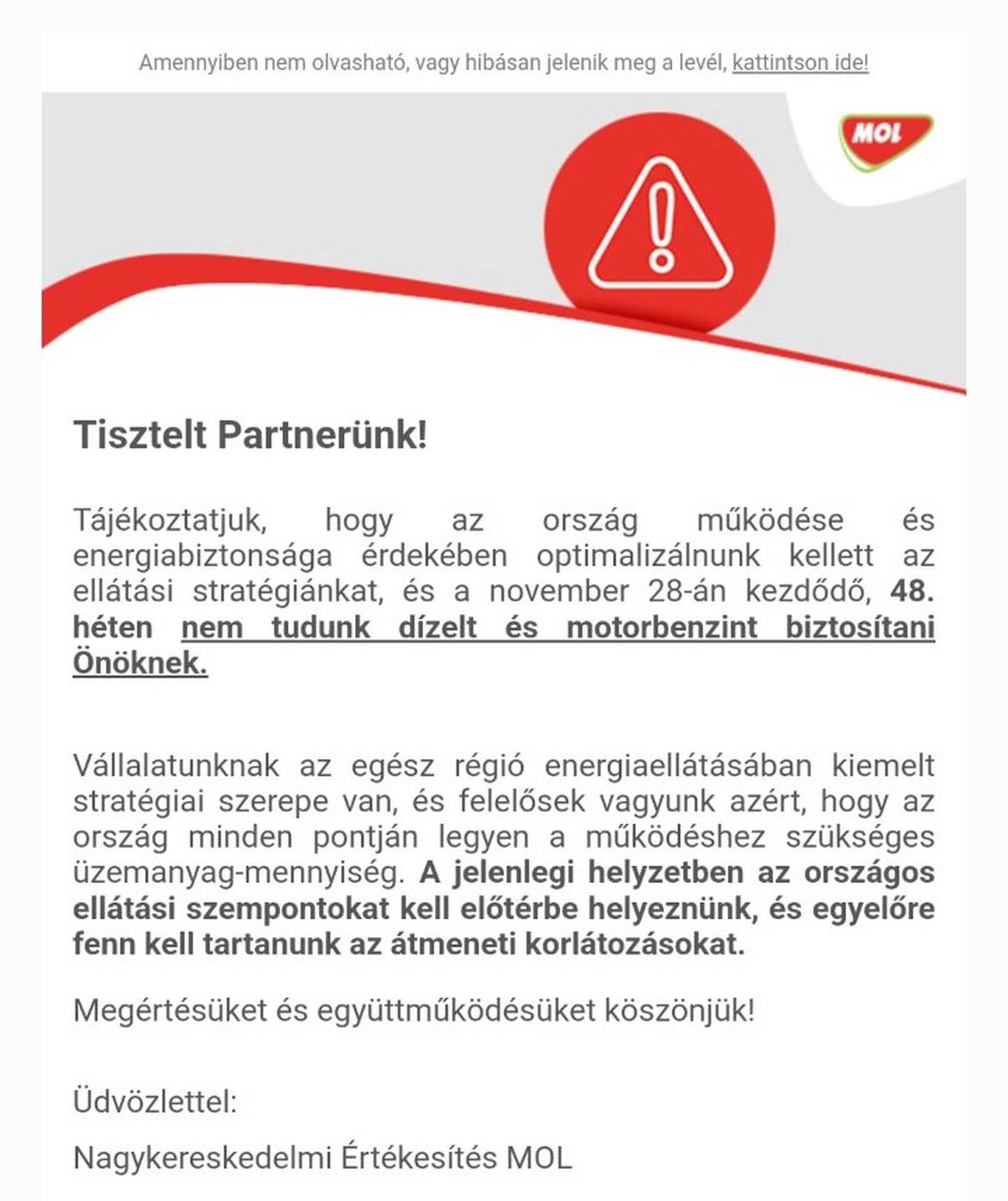 A MOL levele a kis benzinkutaknak