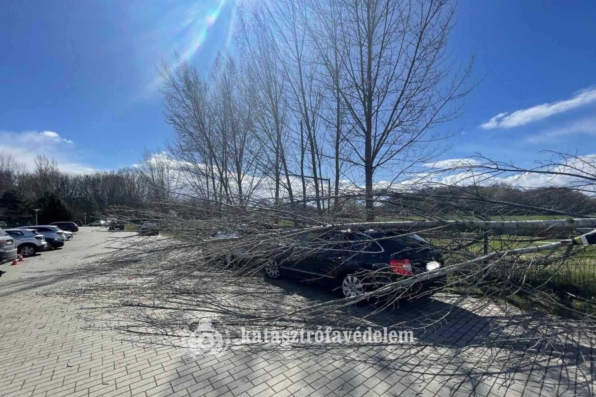 Fakidőlések egy sárvári hotel szabadtéri parkolójában