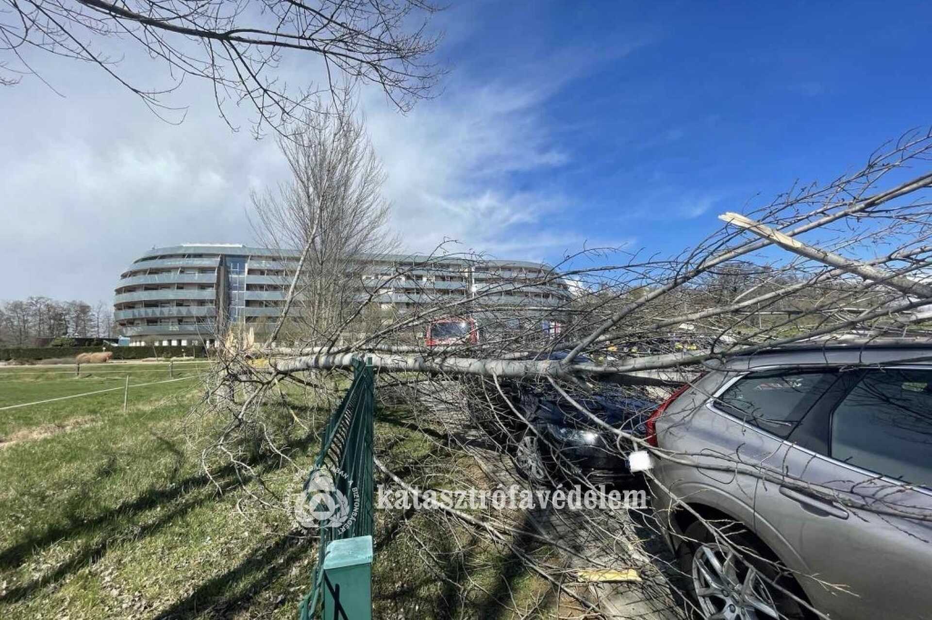 Fakidőlések egy sárvári hotel szabadtéri parkolójában