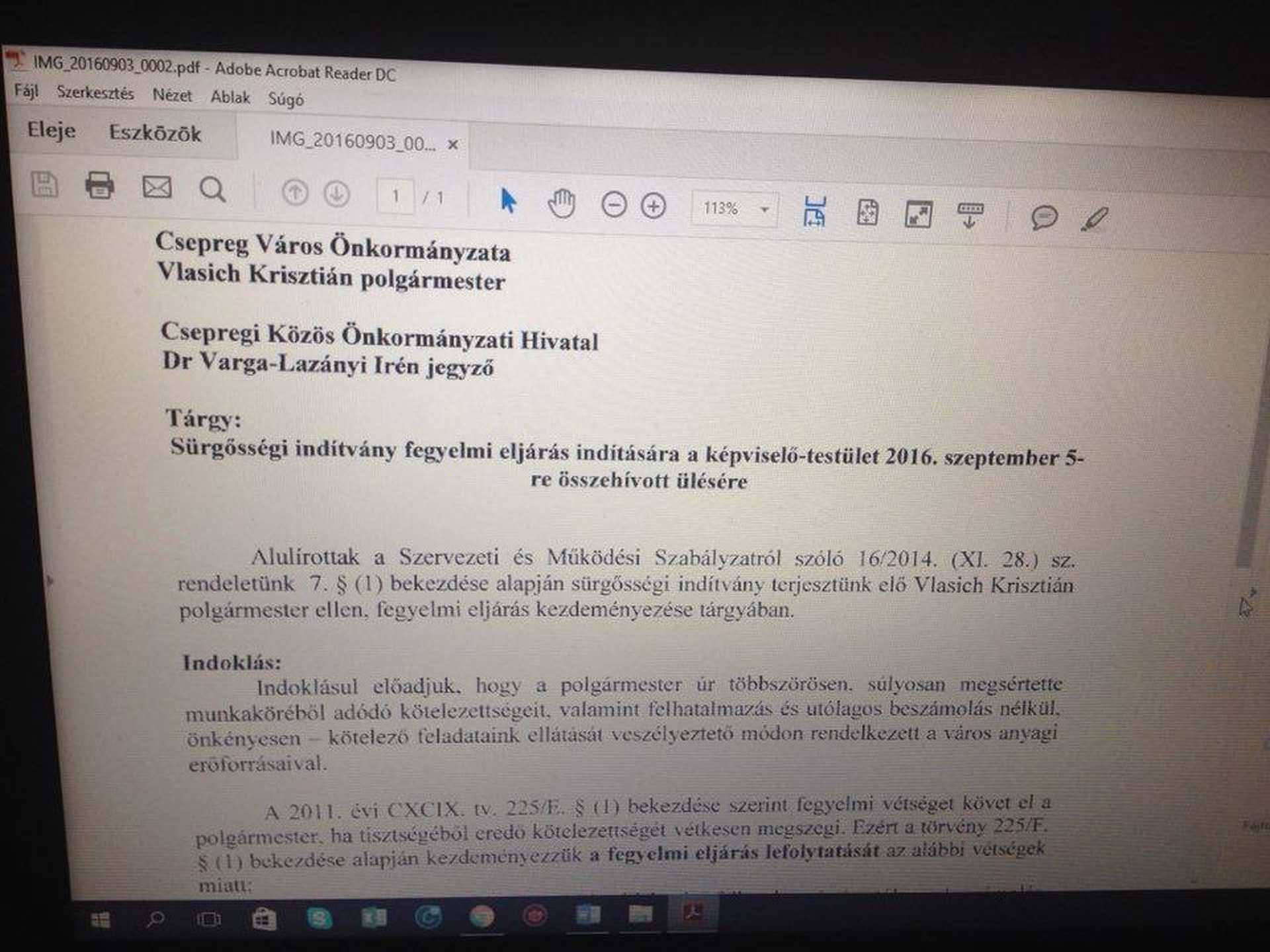 A csepregi polgármester felfüggesztésének előterjesztése