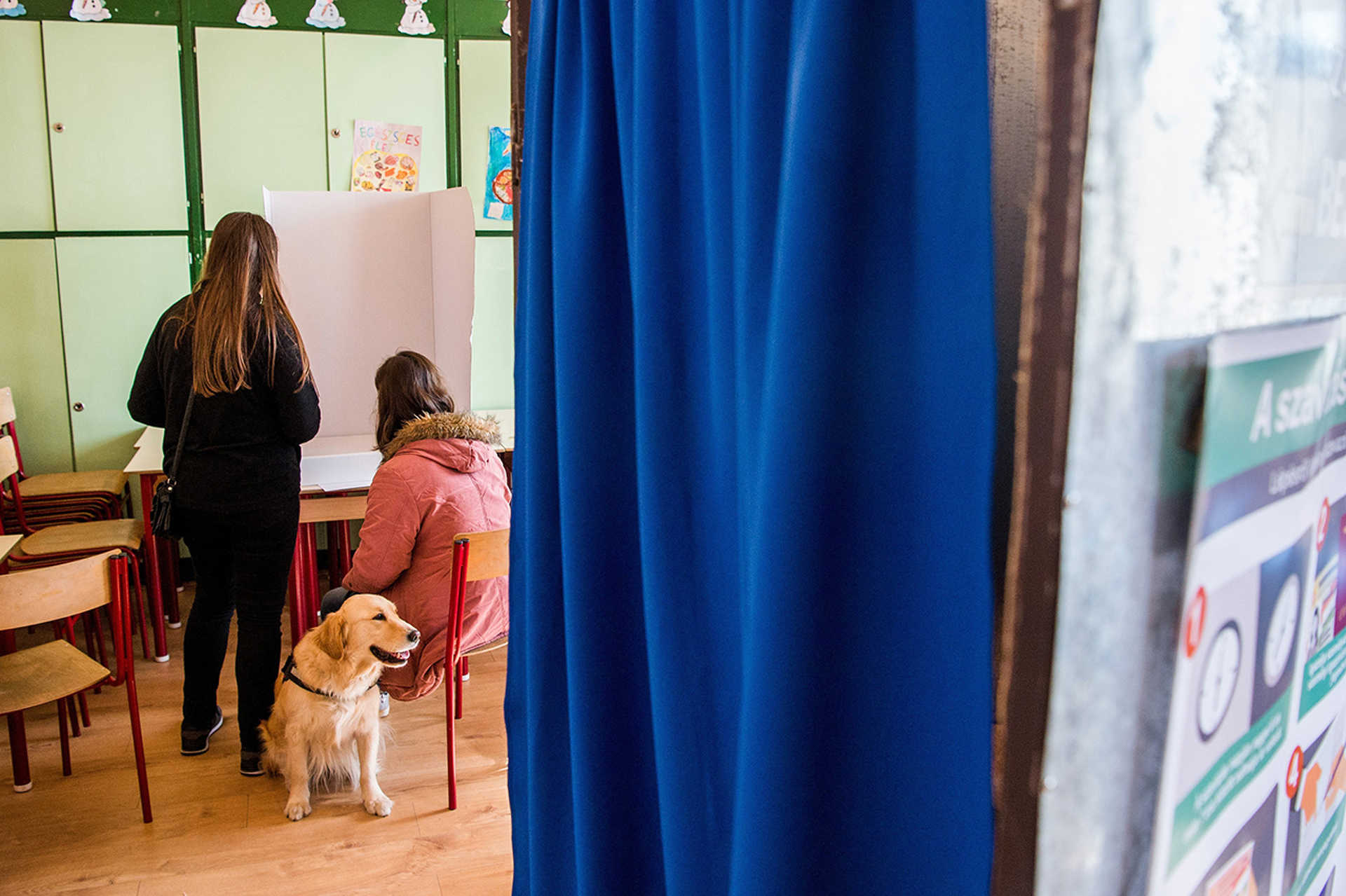 A látássérült Kubiczki Nikolett testvére segítségével szavaz a pesterzsébeti Lázár Vilmos Általános Iskolában