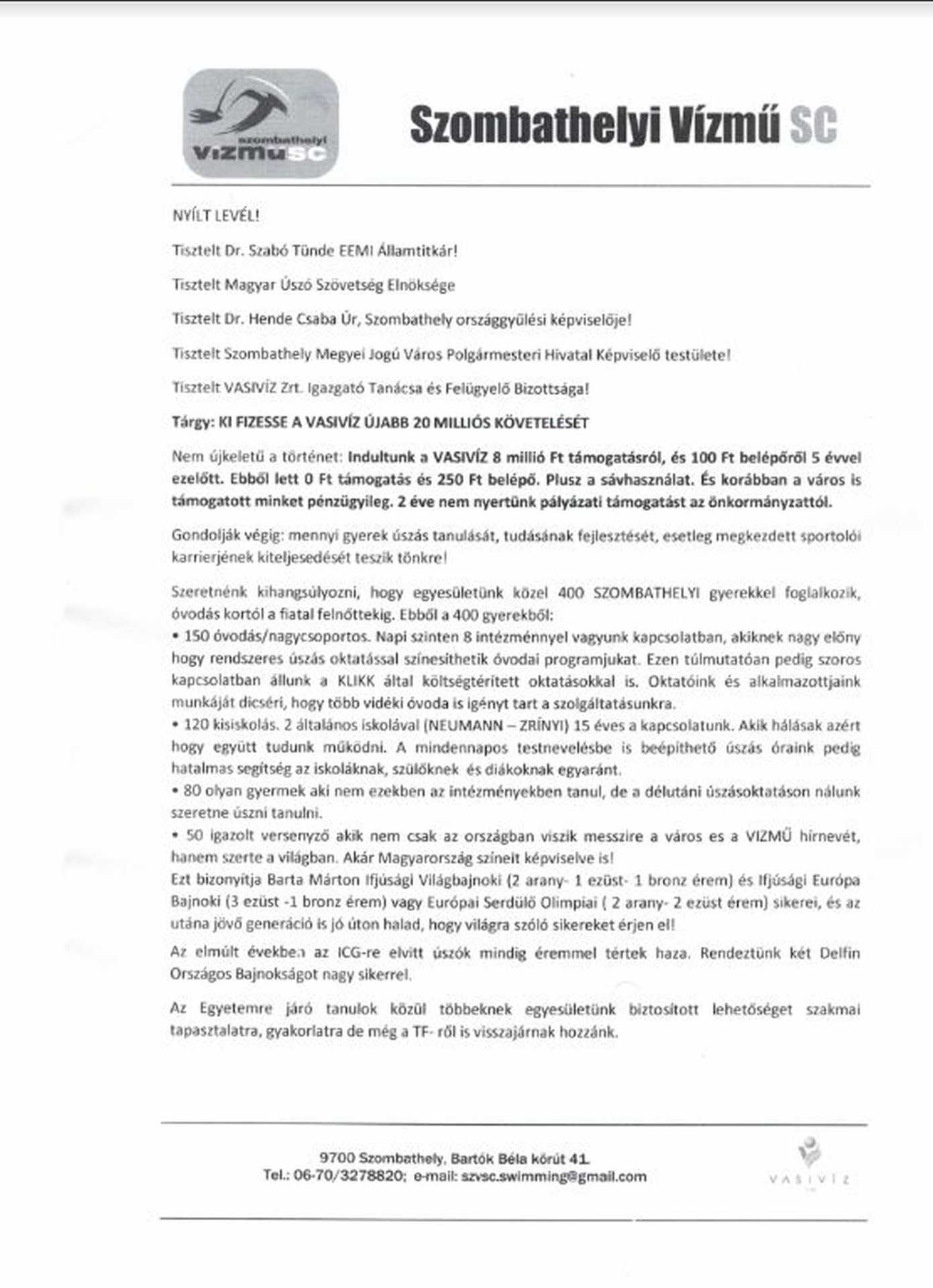 Nyílt levél az uszoda bérléséről