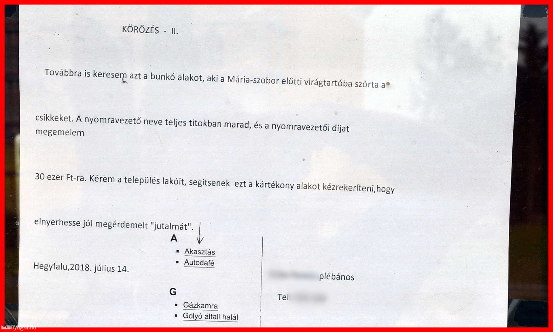 Kivégzést helyezett kilátásba a plébános Hegyfalun a csikkszórónak