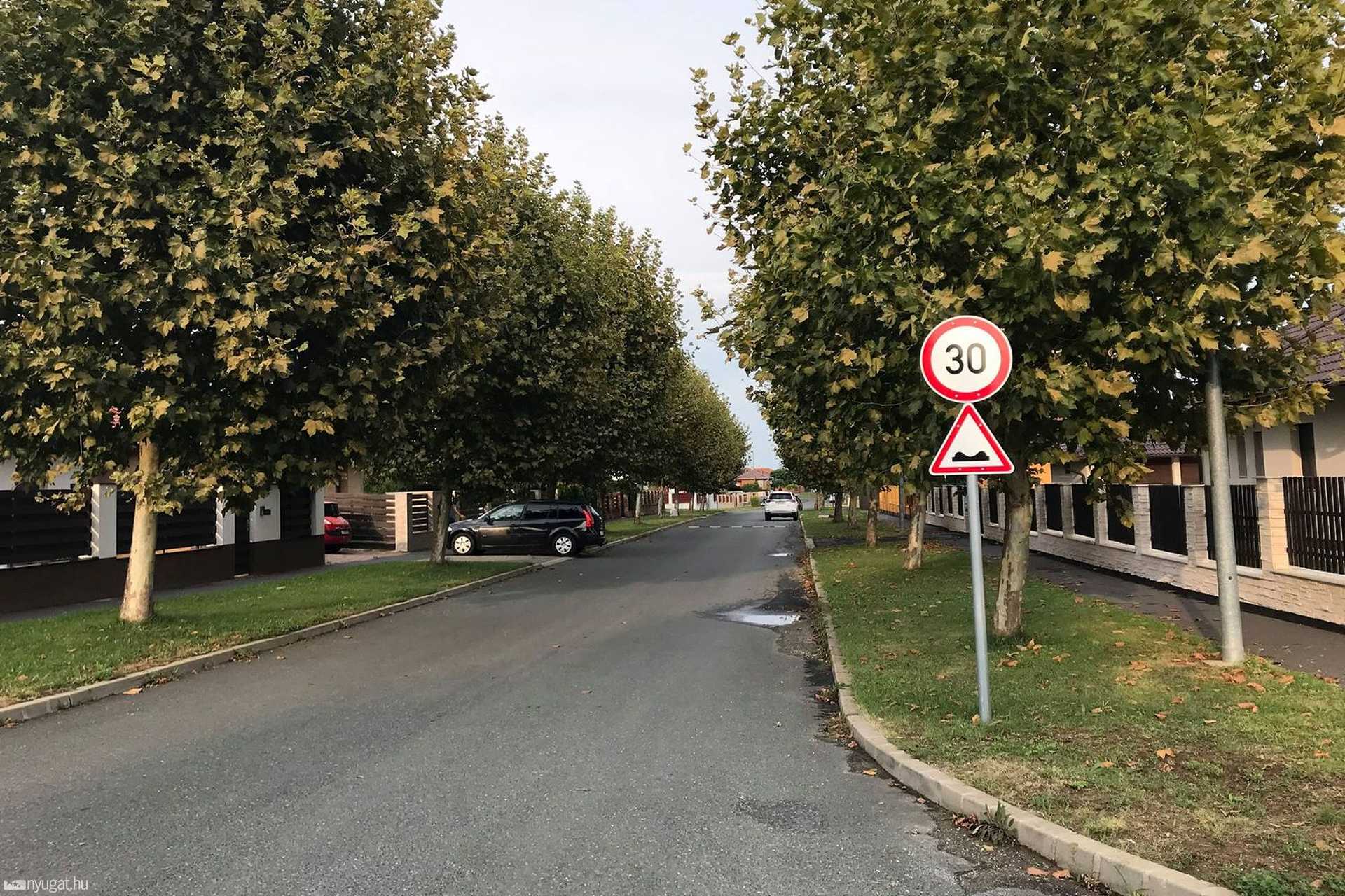Önkényesen kitett fekvőrendőr és a két közlekedési tábla a Parkerdő Lakóparkban