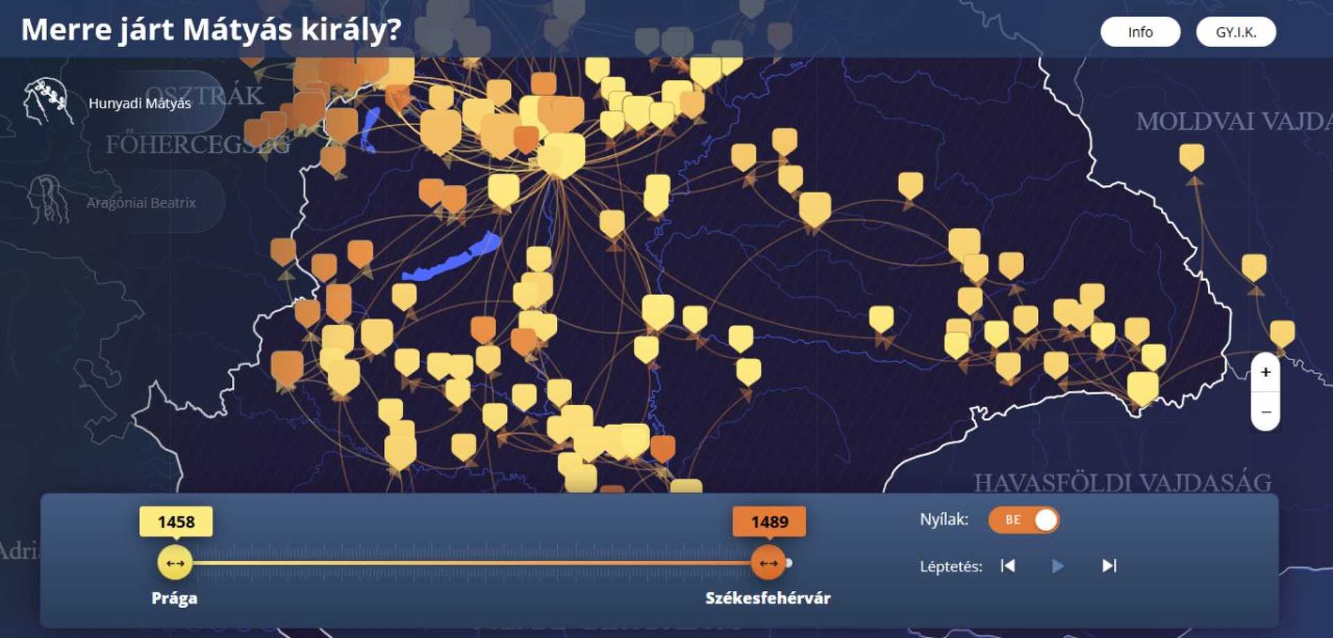 Mátyás király utazásainak térképe