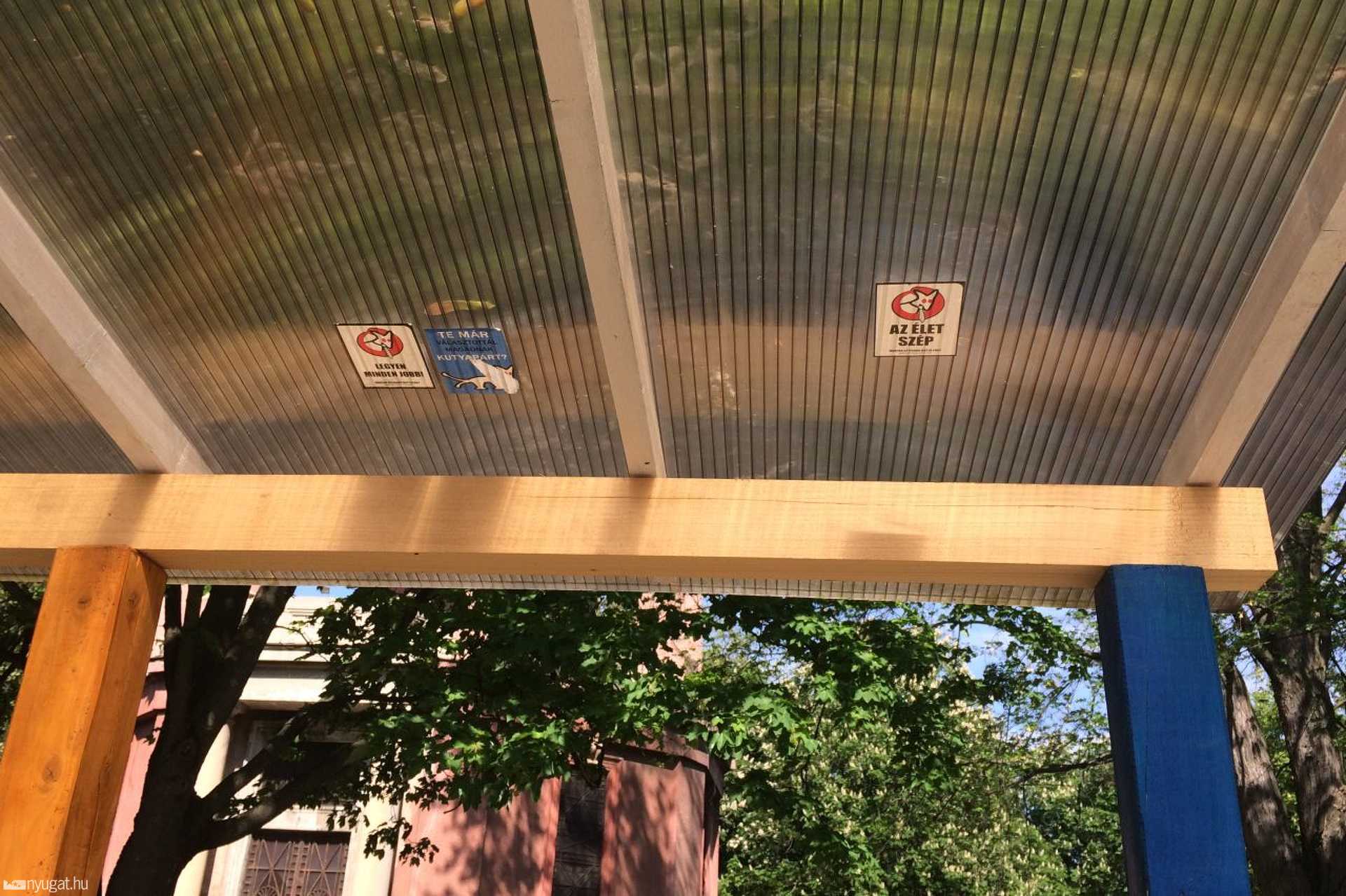 A Kétfarkú Kutyapárt színes buszvárója Szombathelyen