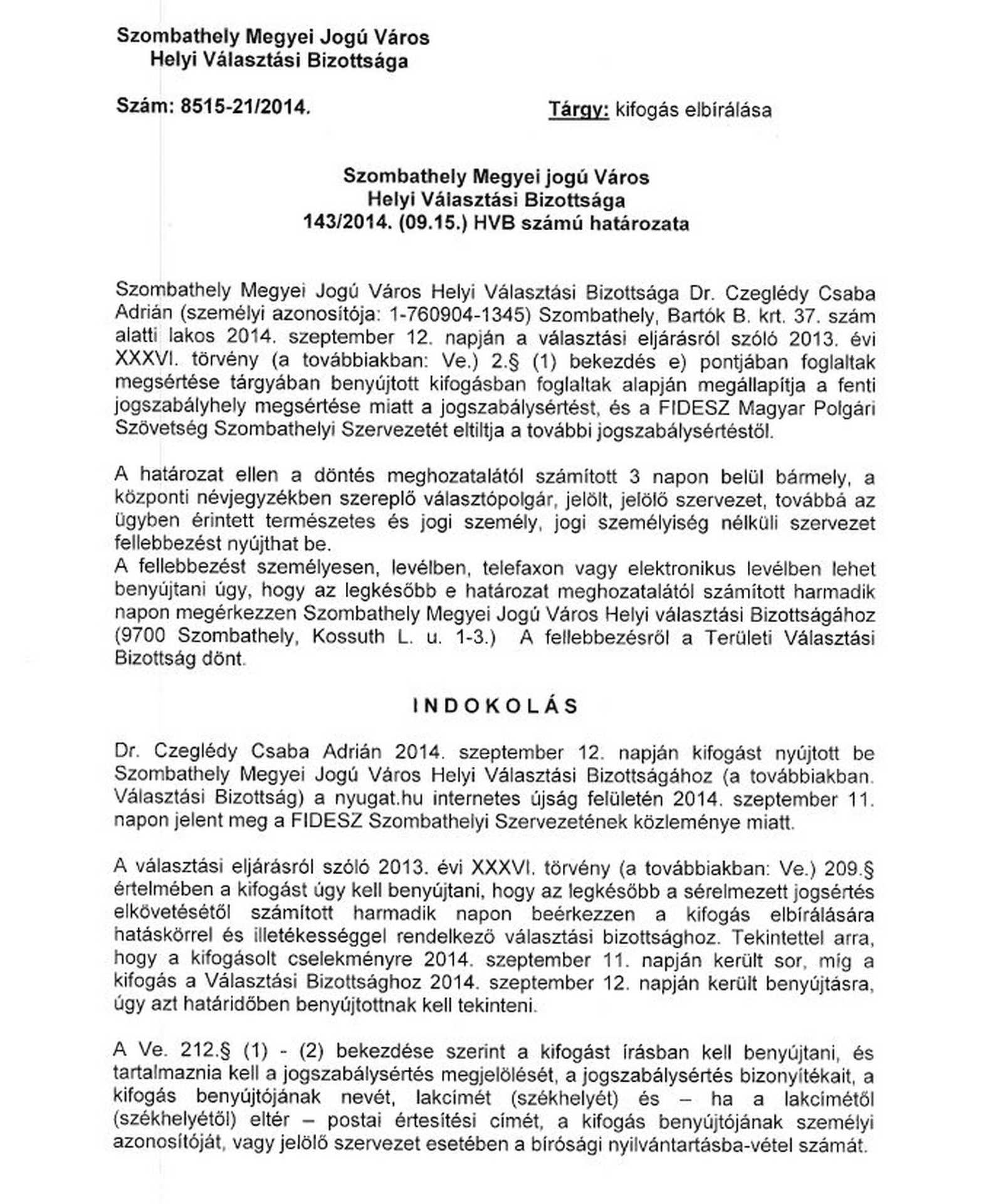 A Szombathelyi Választási Bizottság határozata