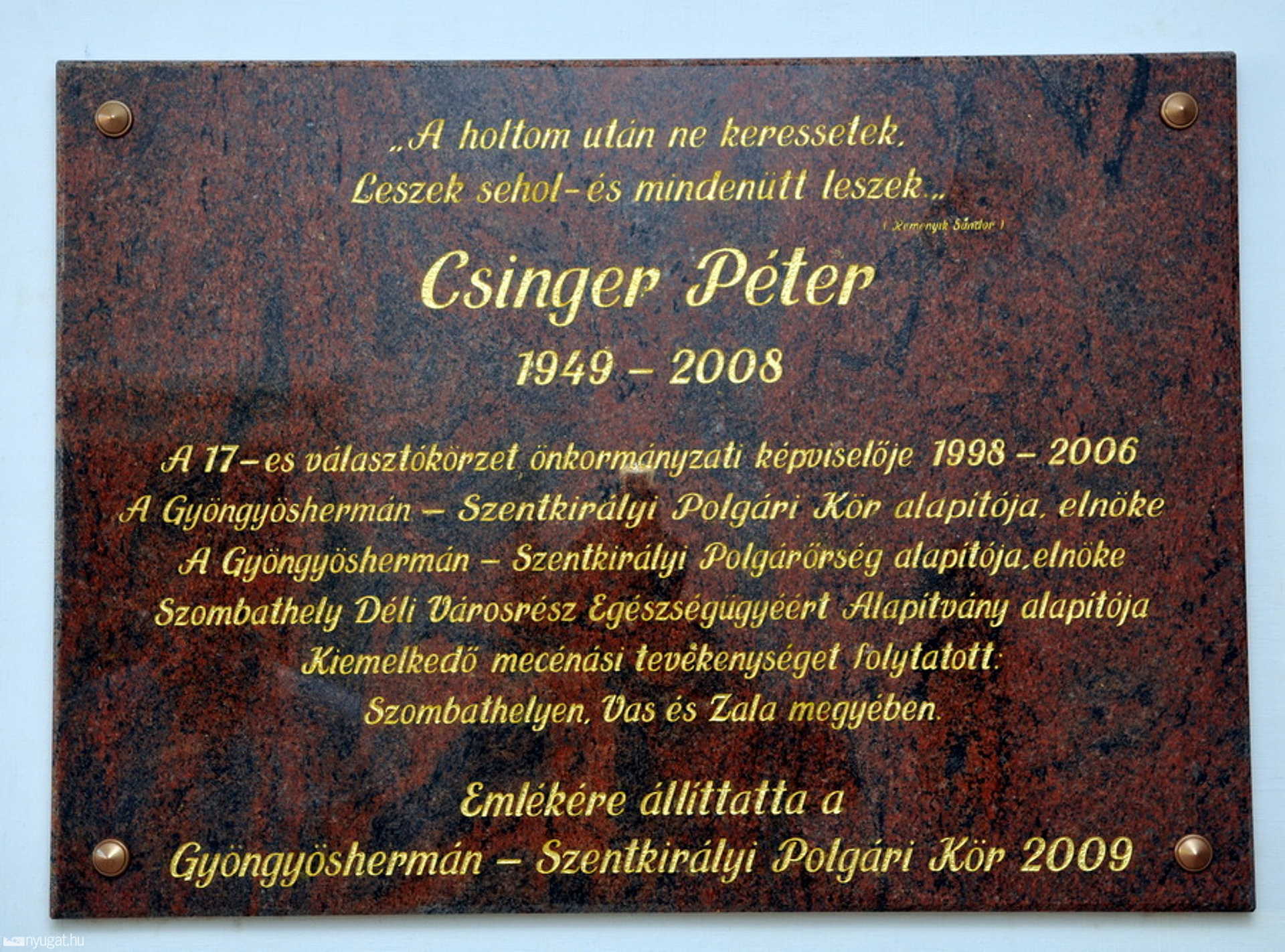 Csinger Péter emléktáblája