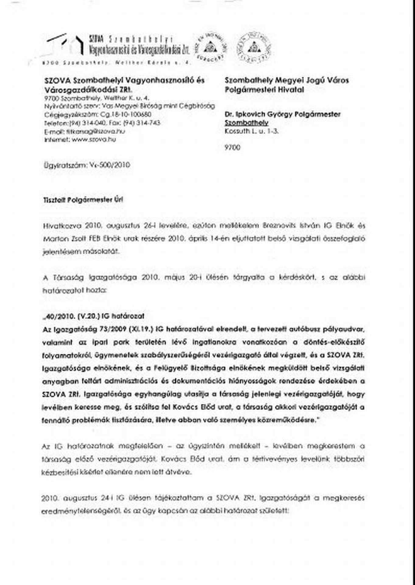 A SZOVA levelének másolata