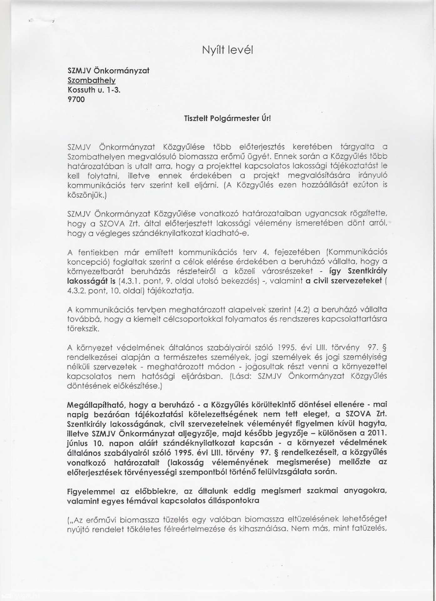 Az egyesület levele