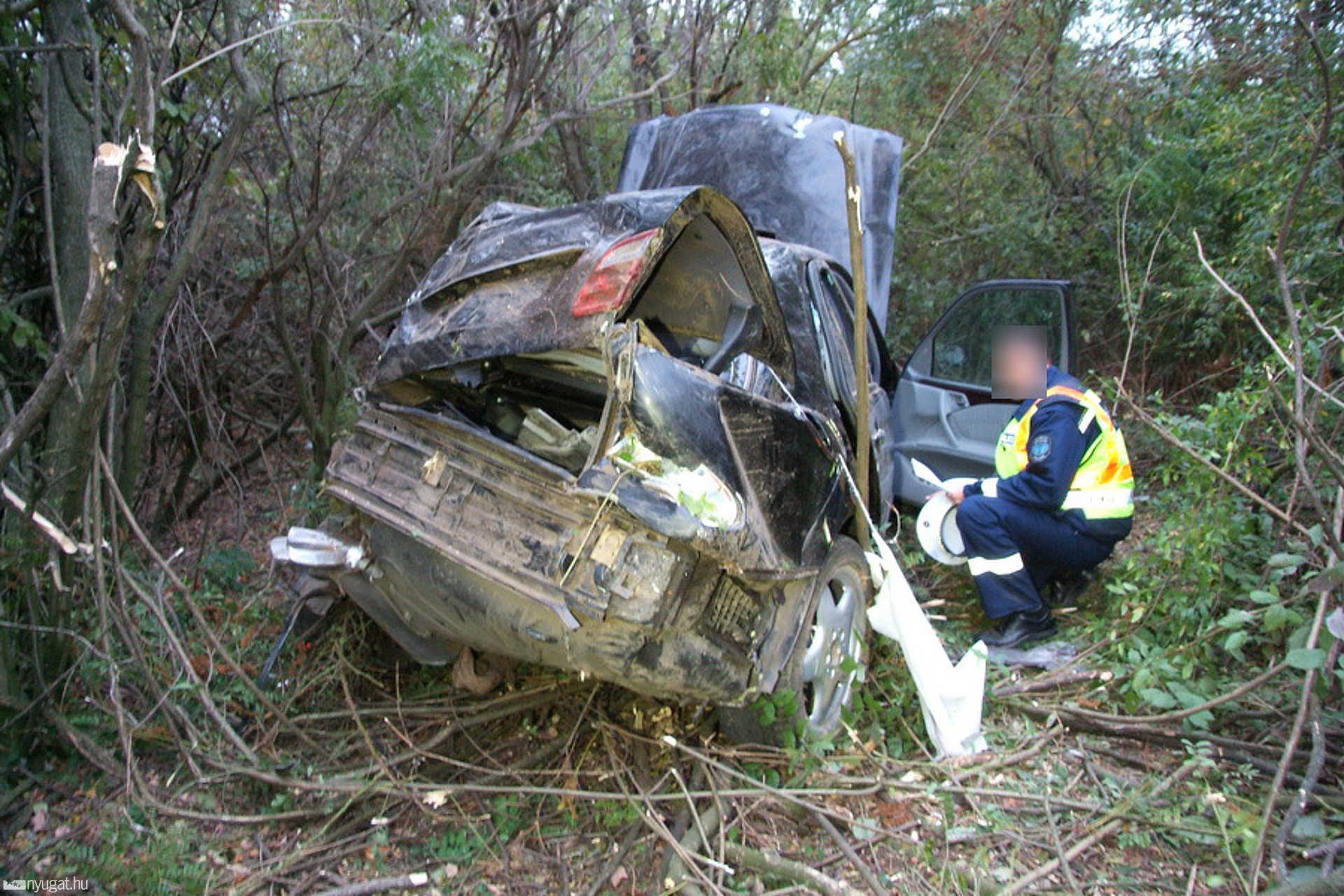 Fás-bokros részre csapódott a 87-es útról lerepülő Mercedes 